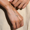 Gold bracelet with circular and beaded design on a wrist against a neutral background