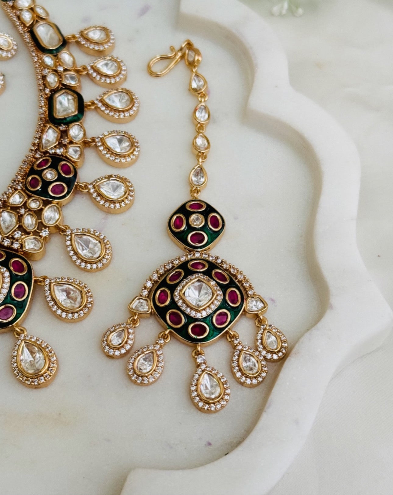 Meena and Kundan Polki Necklace Set With Maangtika | Semi-Precious Kundan & Meenakari Jewellery | Indian Festive, Bridal & Wedding Accessories