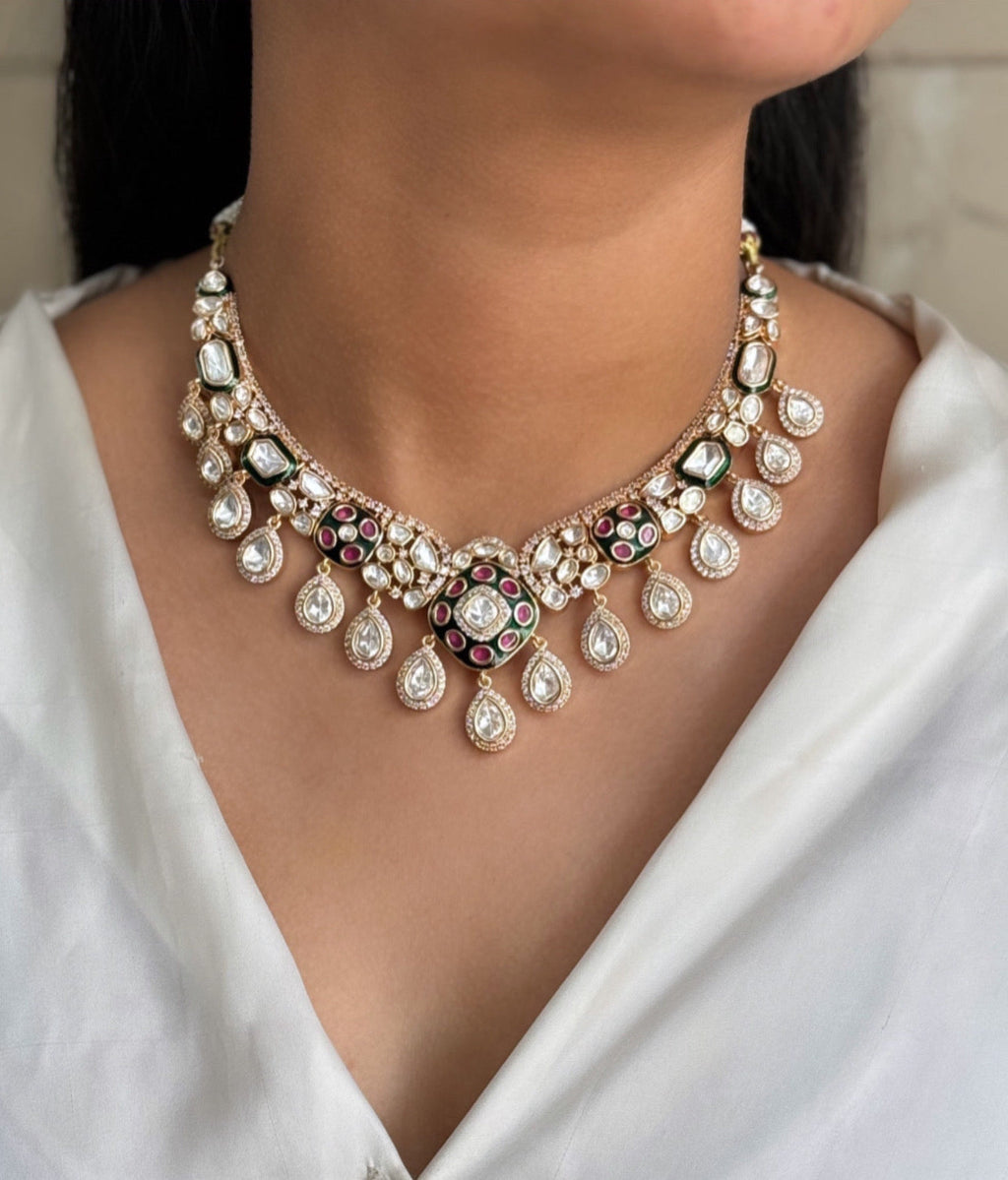 Meena and Kundan Polki Necklace Set With Maangtika | Semi-Precious Kundan & Meenakari Jewellery | Indian Festive, Bridal & Wedding Accessories