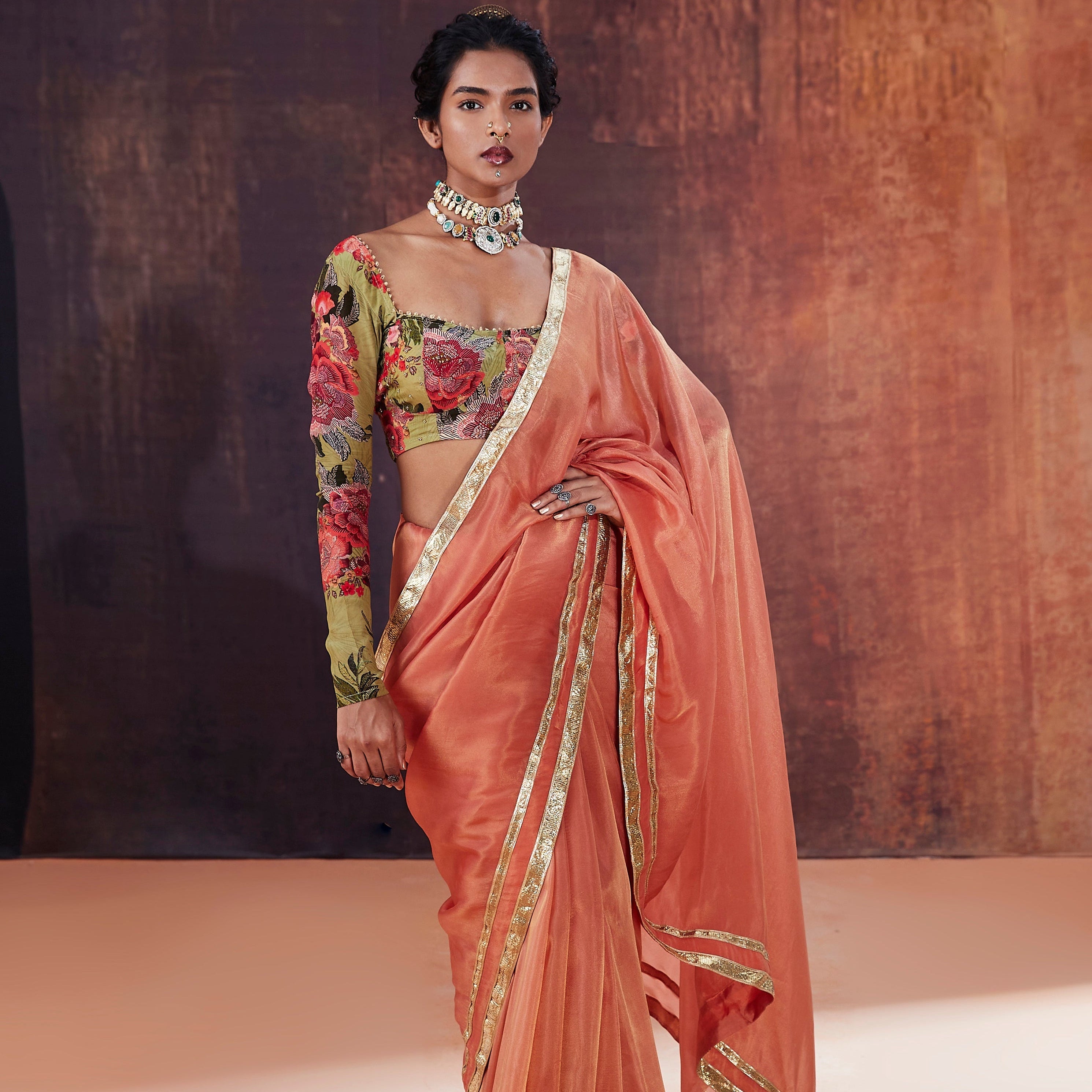 Coral Tissue Silk Saree Set | Chic Designer Indian Wedding & Occasion Wear 