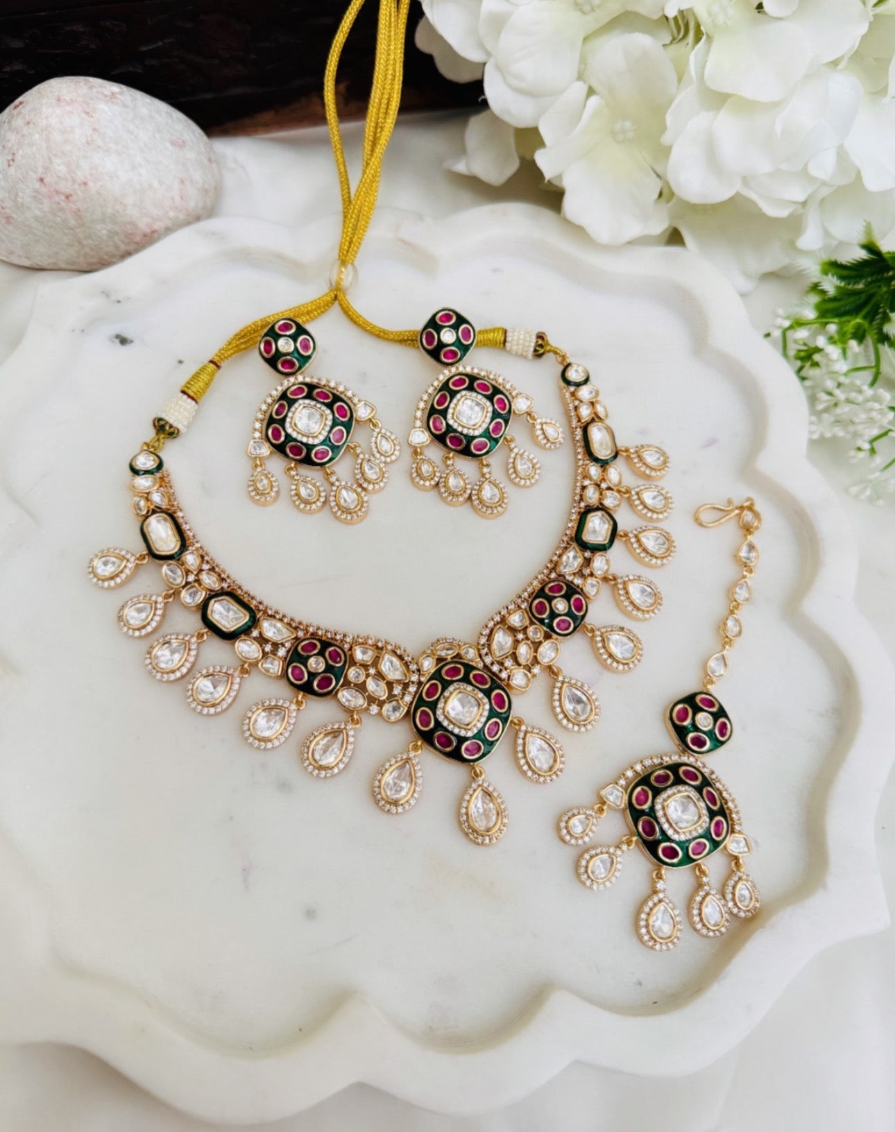 Meena and Kundan Polki Necklace Set With Maangtika | Semi-Precious Kundan & Meenakari Jewellery | Indian Festive, Bridal & Wedding Accessories