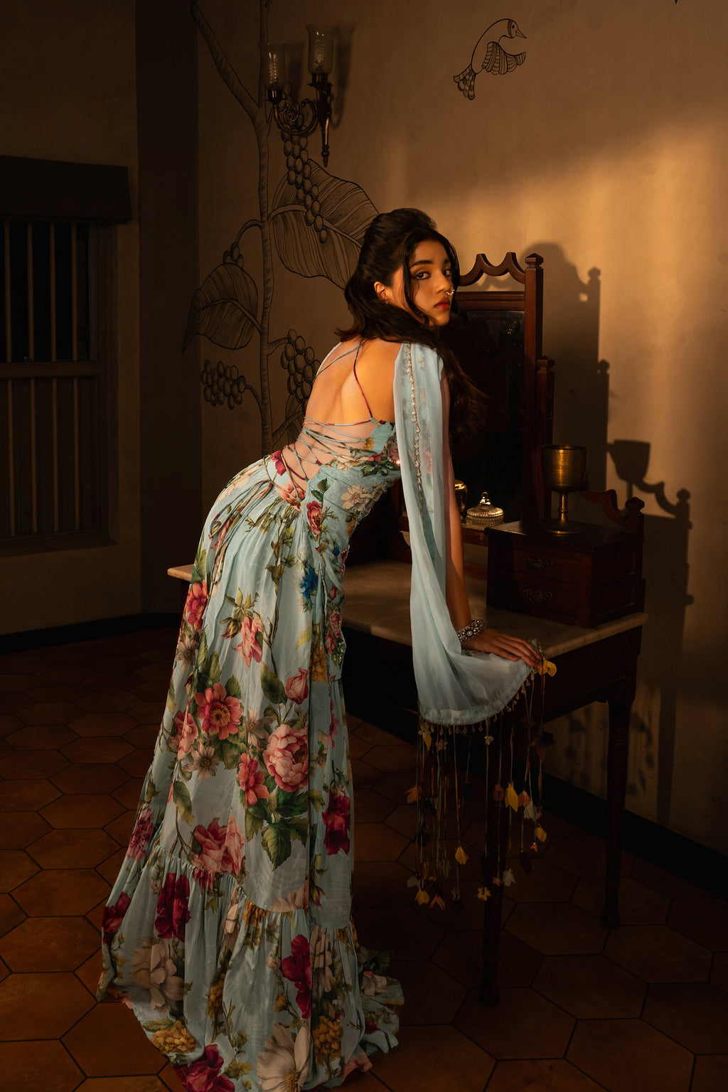 Powder Blue Gathered Lehenga Set | Designer Modern Indian Wedding & Occasion Wear 