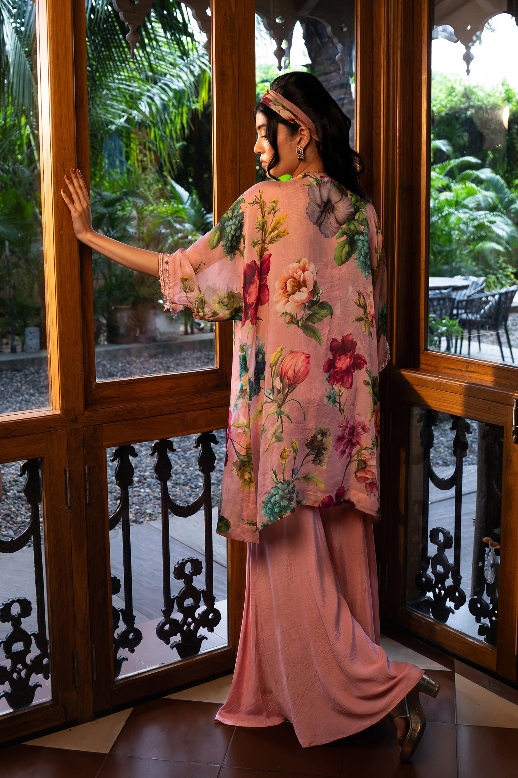 Dusty Rose Kaftan and Sharara Set | Designer Floral Hand-Embroidered Indian Occasion Wear