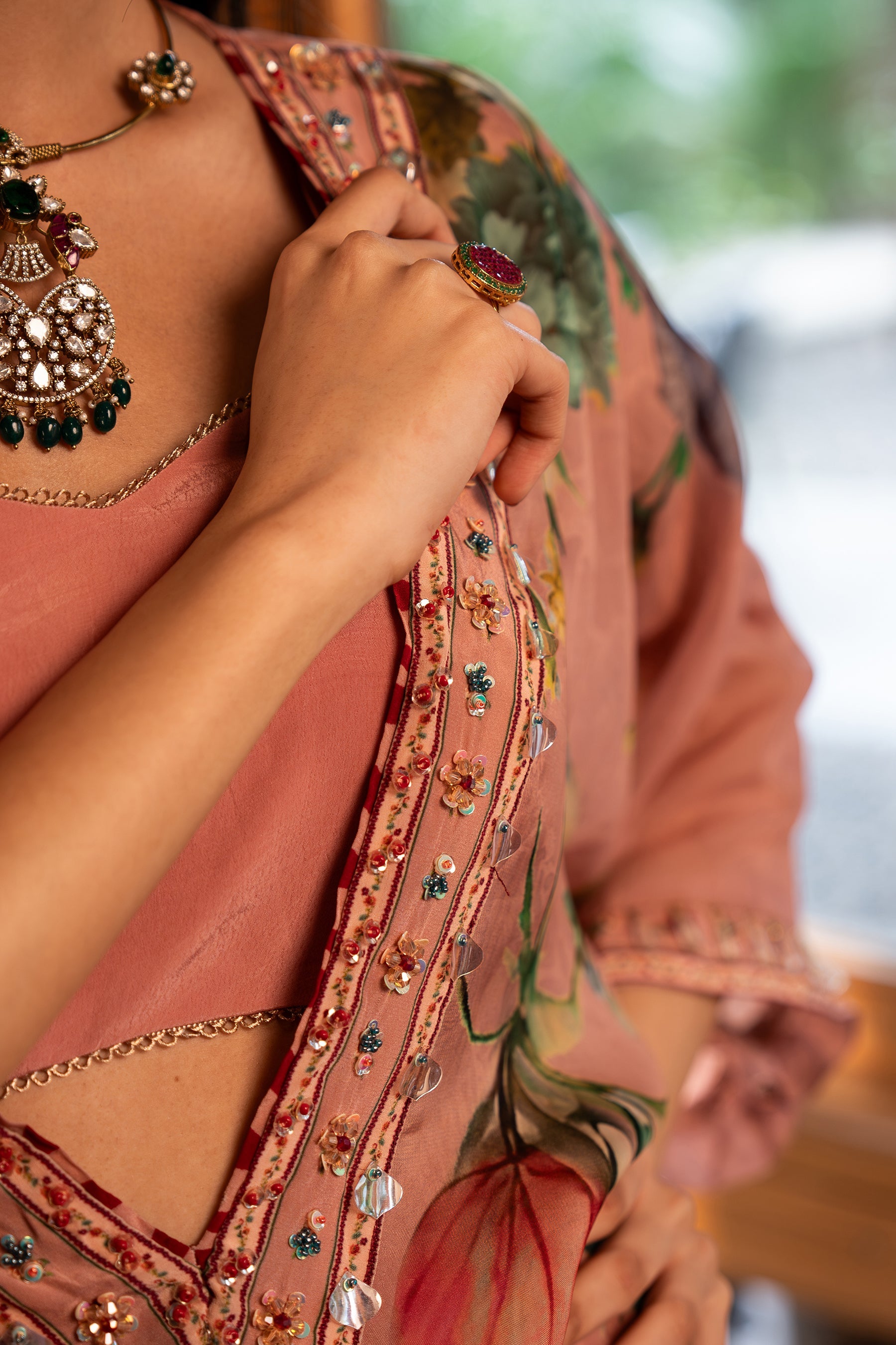 Dusty Rose Kaftan and Sharara Set | Designer Floral Hand-Embroidered Indian Occasion Wear