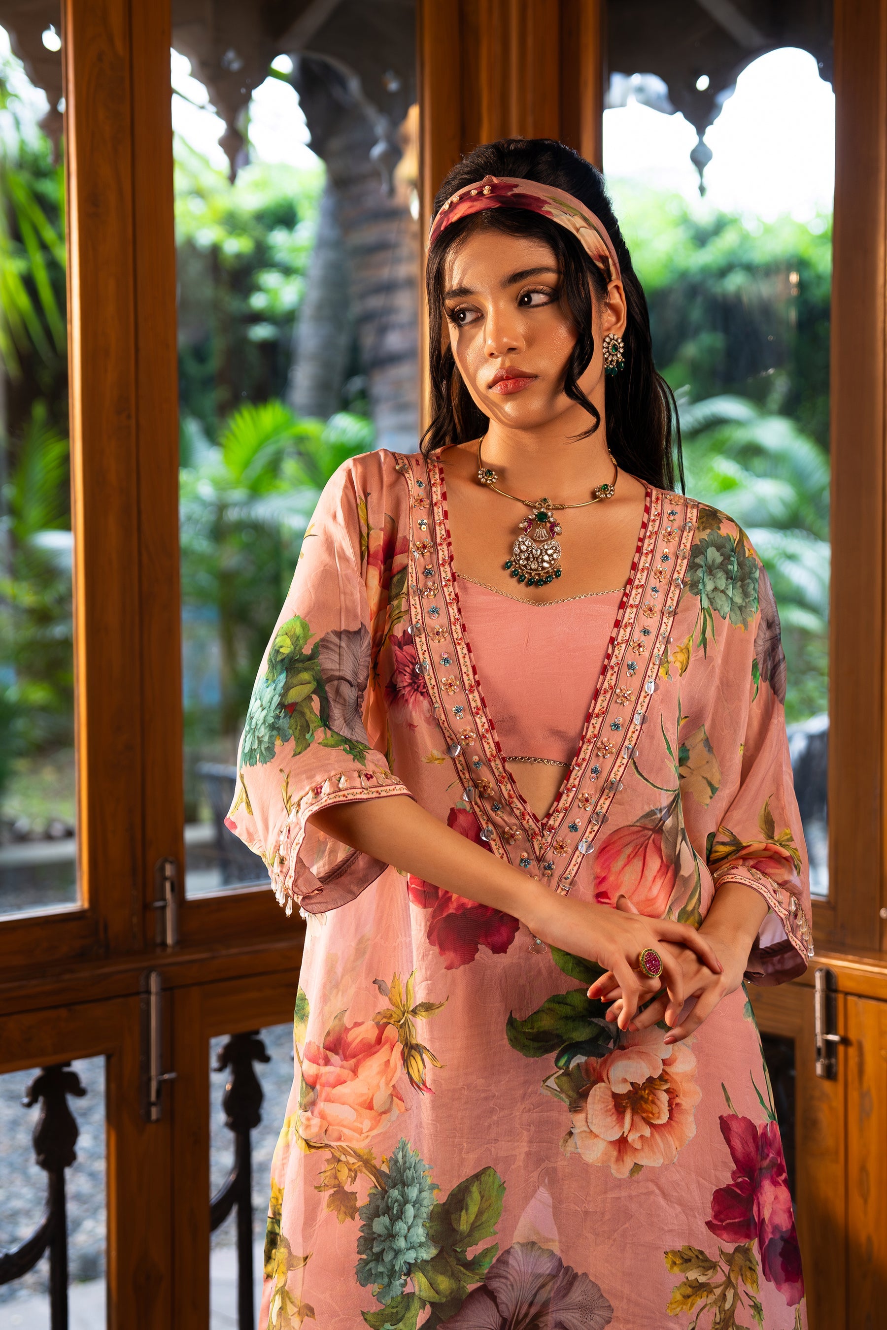 Dusty Rose Kaftan and Sharara Set | Designer Floral Hand-Embroidered Indian Occasion Wear