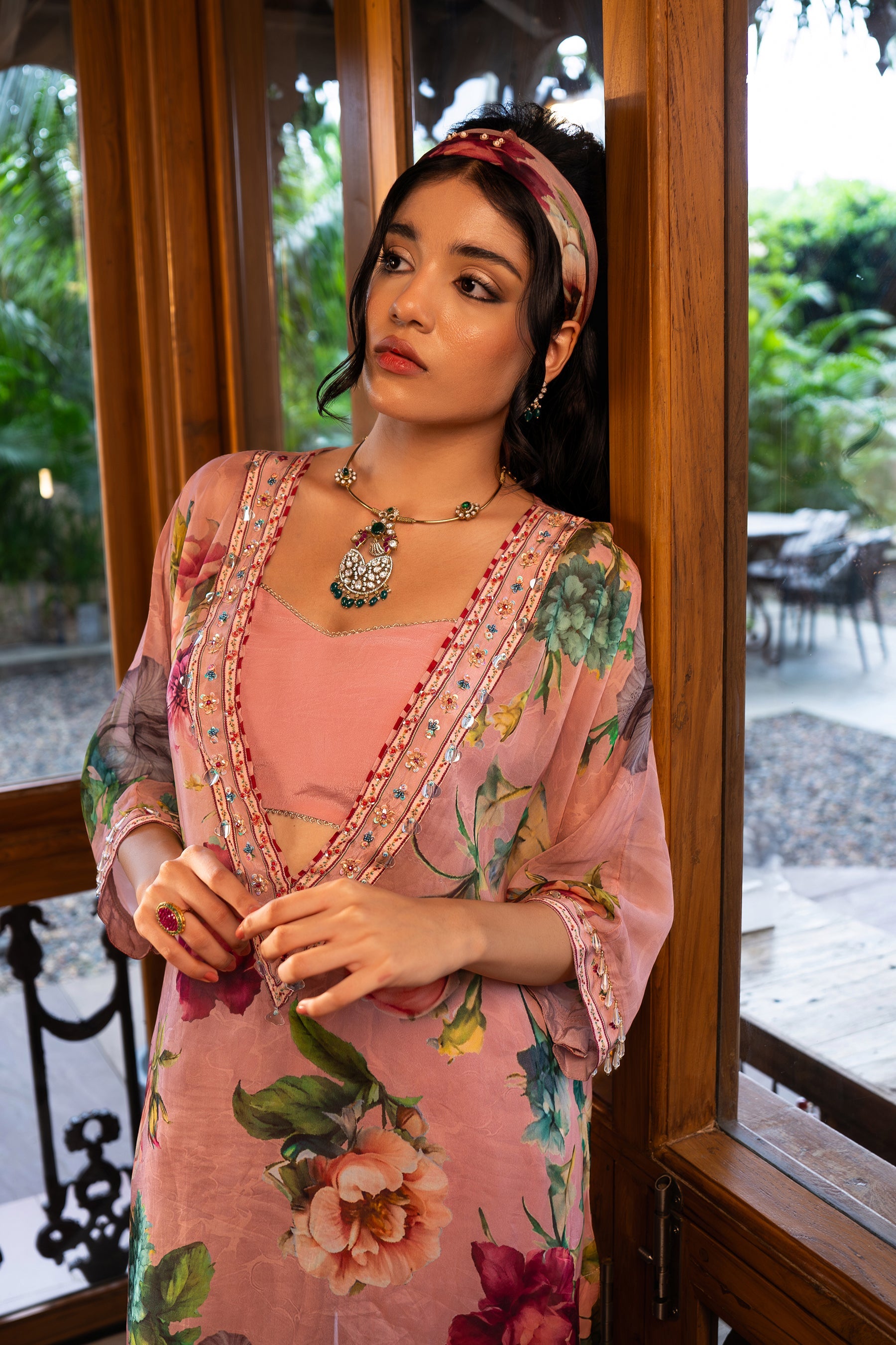 Dusty Rose Kaftan and Sharara Set | Designer Floral Hand-Embroidered Indian Occasion Wear