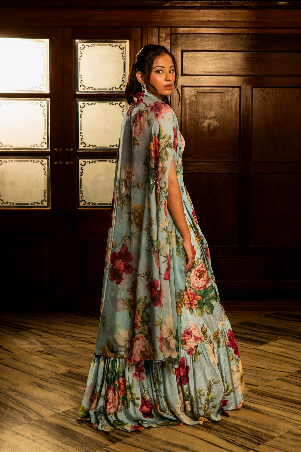 Powder Blue Gathered Lehenga & Jacket Set | Indo-Western Wedding & Occasion Wear 