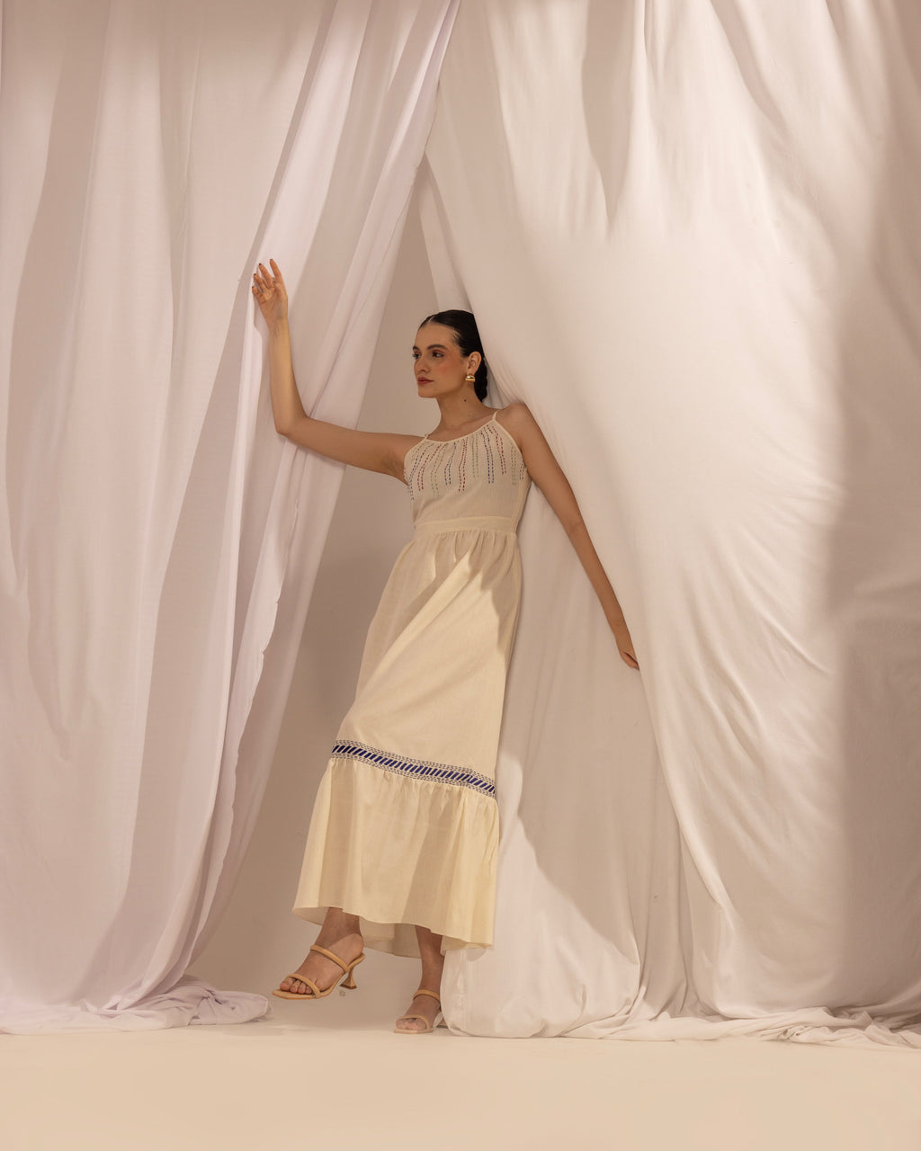 Long Tiered Dress | Hand-Embroidered Kantha Dress The House Of Ara