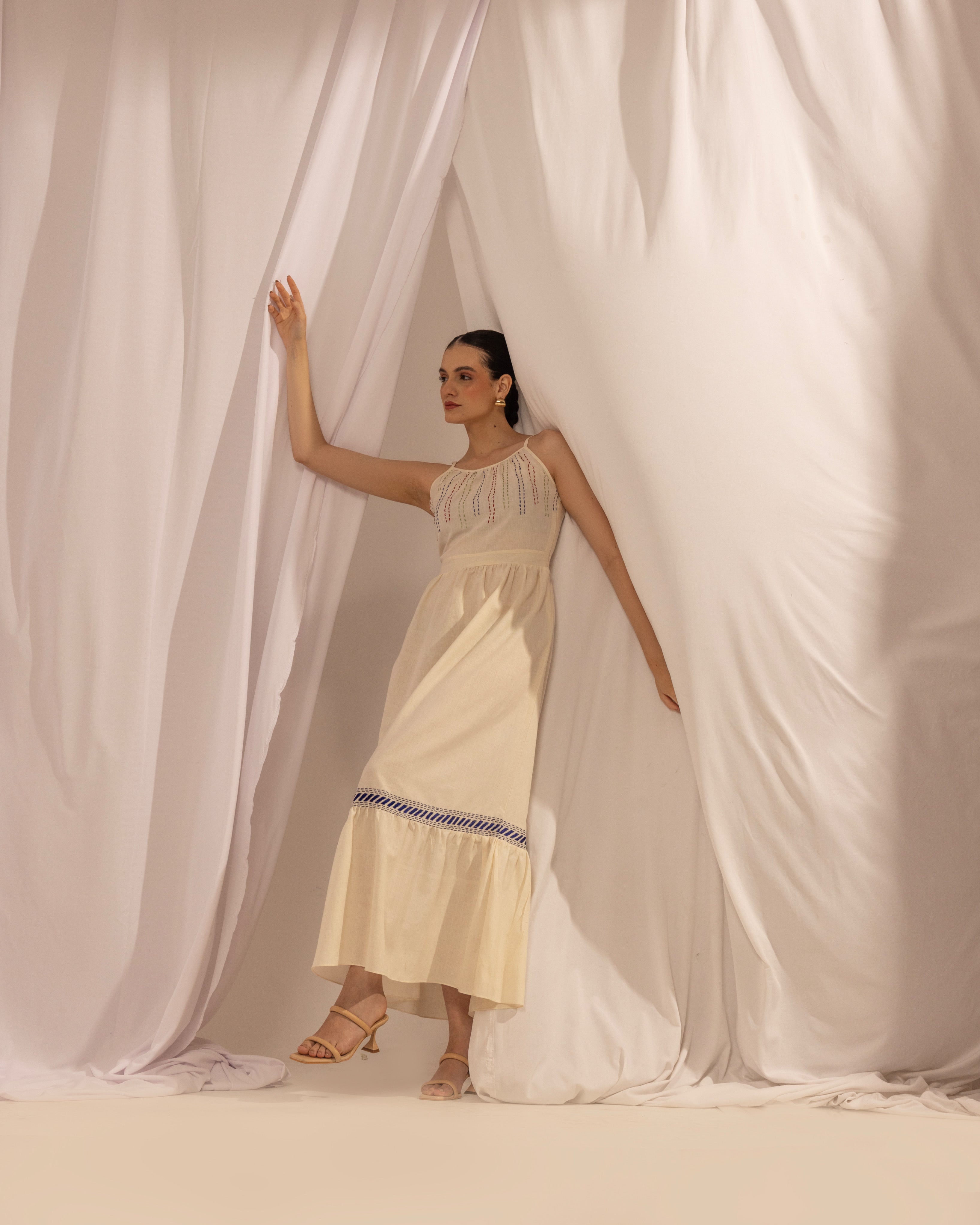 Long Tiered Dress | Hand-Embroidered Kantha Dress The House Of Ara