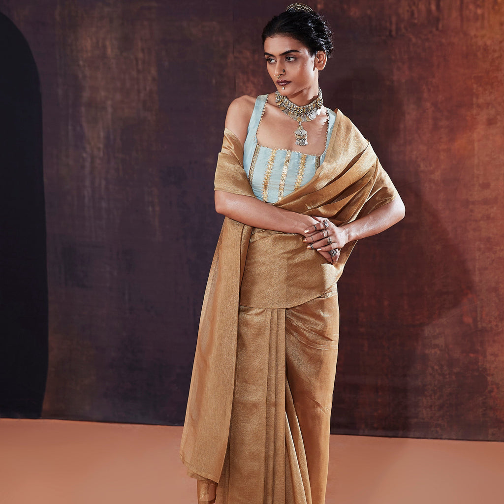 Gold Crush Tissue Pre-Drape Saree | Premium Indian Occasion Wear 
