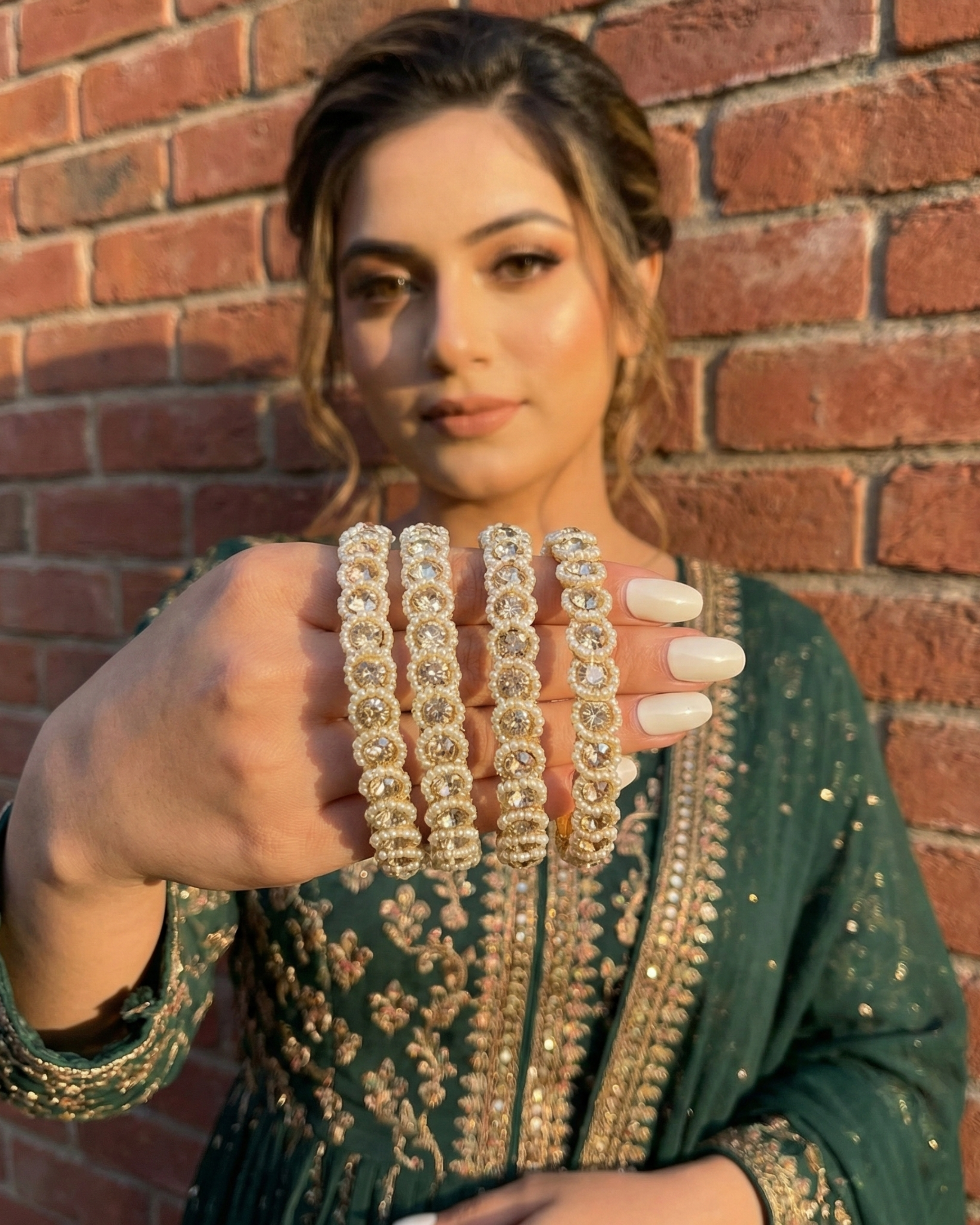 Golden Radiance Bangles Bundle | 2 Sets of 4 Rhinestone Crystal & Pearl Bangles | Premium Imitation Jewellery For Indian Weddings & Occasions 