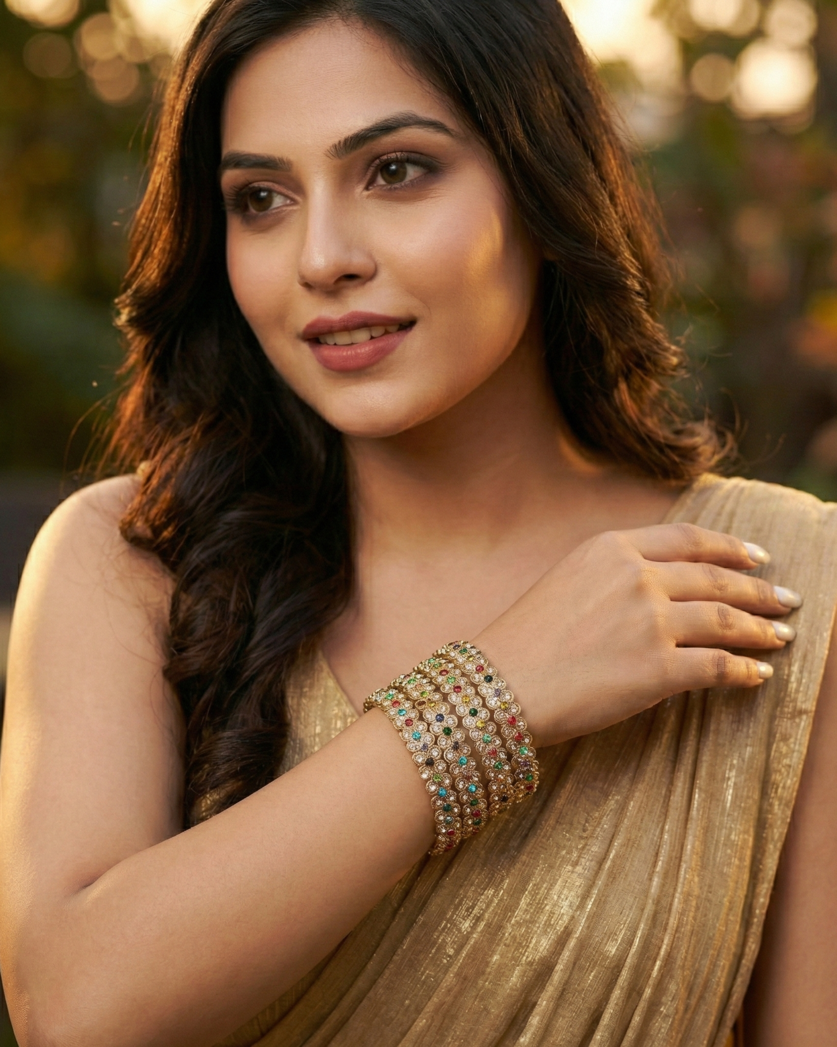 Golden Radiance Bangles Bundle | 2 Sets of 4 Rhinestone Crystal & Pearl Bangles | Premium Imitation Jewellery For Indian Weddings & Occasions 