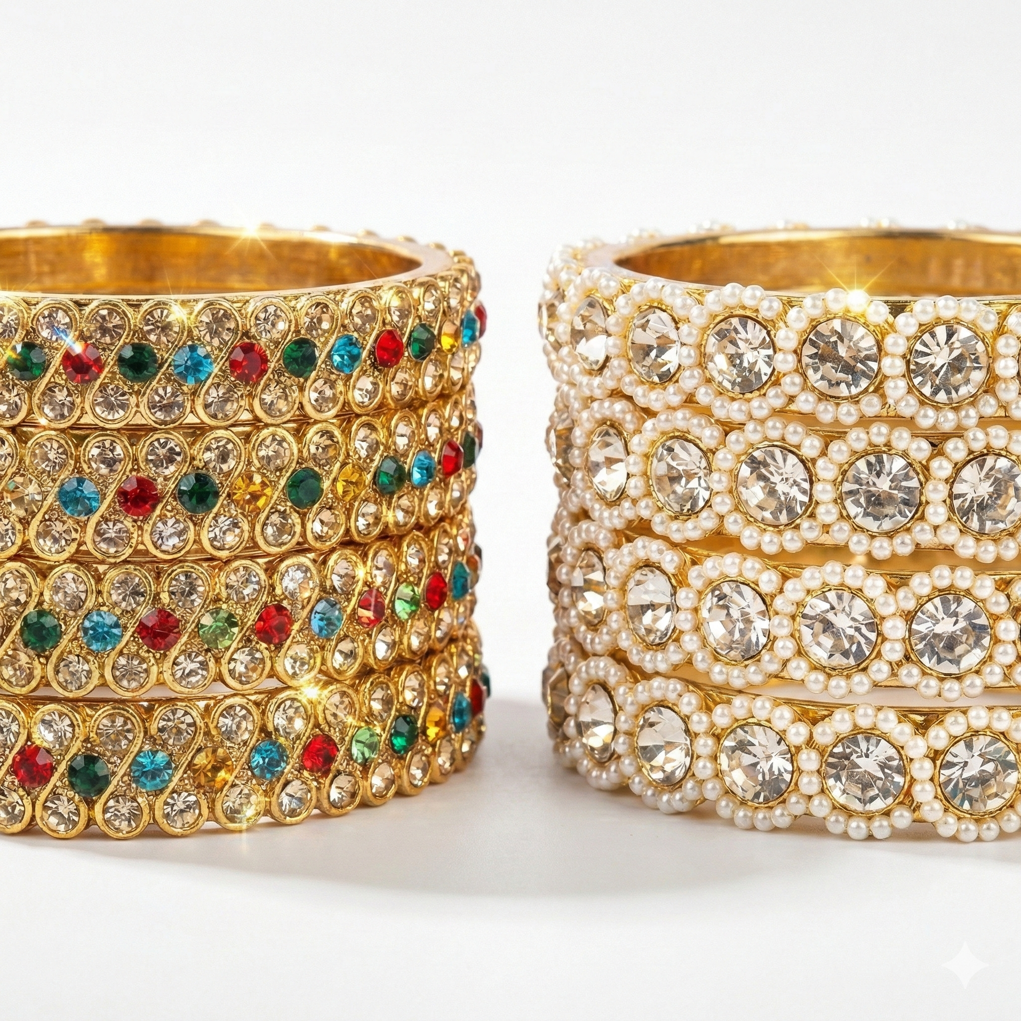 Golden Radiance Bangles Bundle | 2 Sets of 4 Rhinestone Crystal & Pearl Bangles | Premium Imitation Jewellery For Indian Weddings & Occasions 