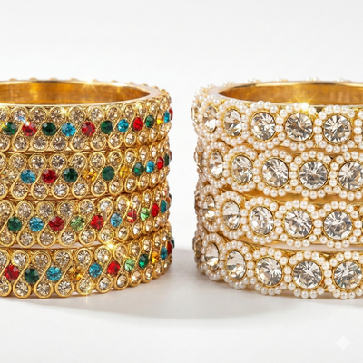 Golden Radiance Bangles Bundle | 2 Sets of 4 Rhinestone Crystal & Pearl Bangles | Premium Imitation Jewellery For Indian Weddings & Occasions 