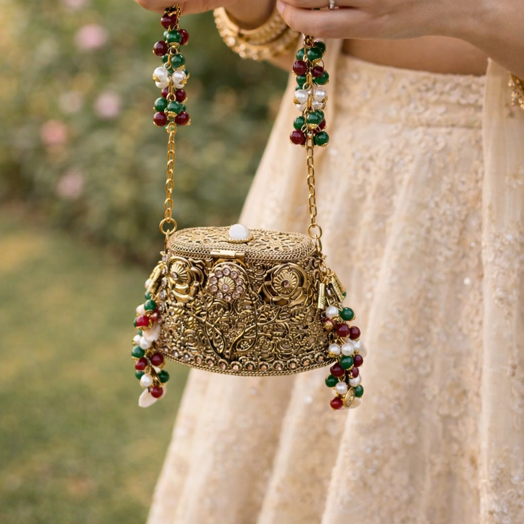 Handcrafted Mini Beaded Potli Inspired Clutch Bag | Embellished Indian Wedding Accessories | Mini Ethnic Bridal Bag With Tassels