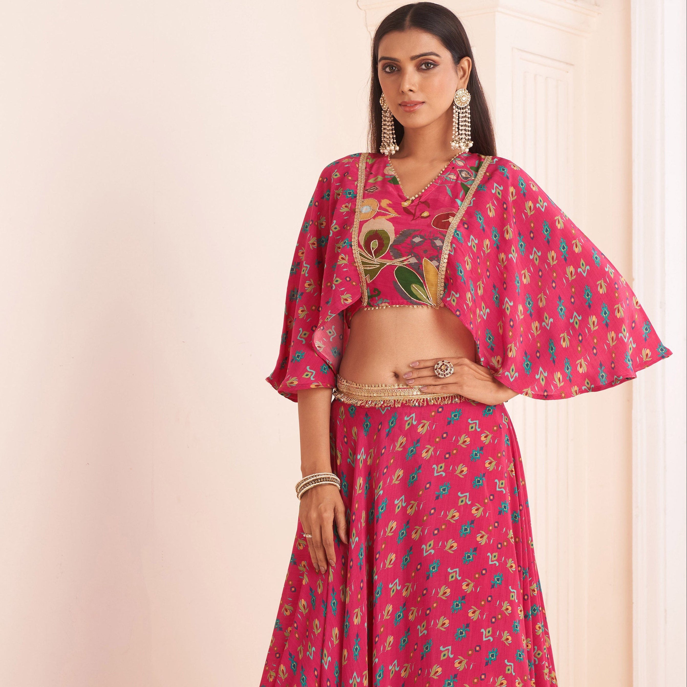 Hot Pink Printed Lehenga With Cape Blouse | Modern Indian Wedding & Occasion Wear 