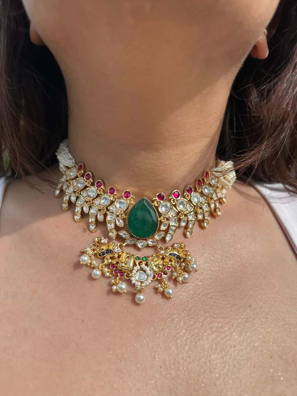 Panna Kundan Abha Necklace & Earring Set | Semi-Precious Kundan & Coloured Stones Jewellery | Indian Festive, Bridal & Wedding Accessories  