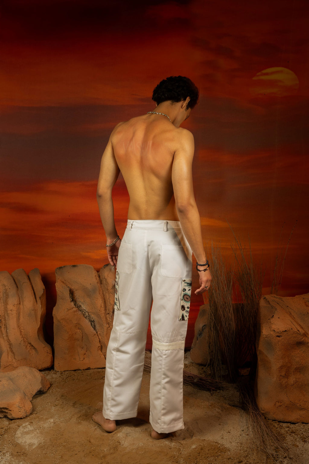 Varia Strap Pants | Modular White Twill Pants with Detachable Printed Patch Vasavi
