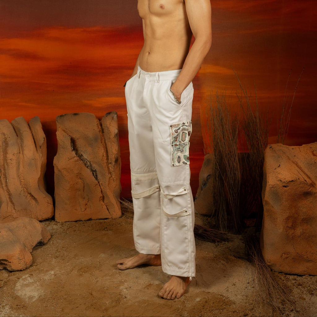 Varia Strap Pants | Modular White Twill Pants with Detachable Printed Patch Vasavi
