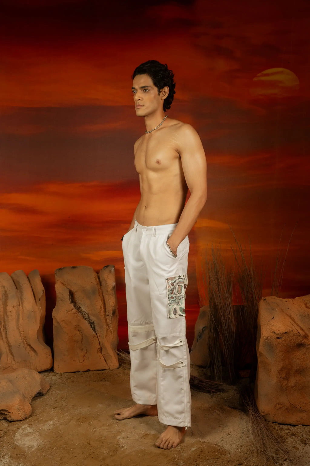 Varia Strap Pants | Modular White Twill Pants with Detachable Printed Patch Vasavi
