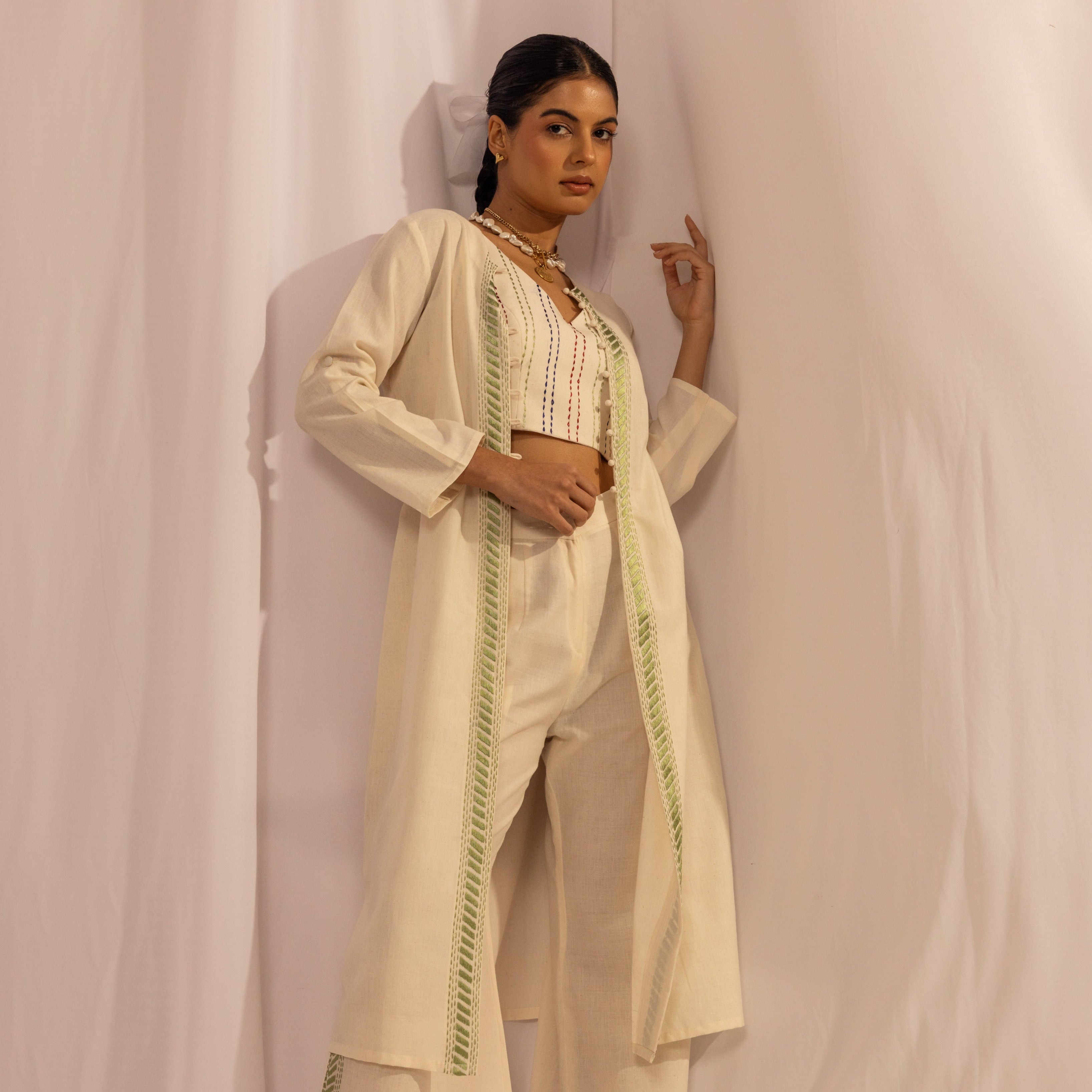 Kantha Jacket Set | Hand-Embroidered Long Jacket, Crop Top & Wide-Leg Trousers The House Of Ara
