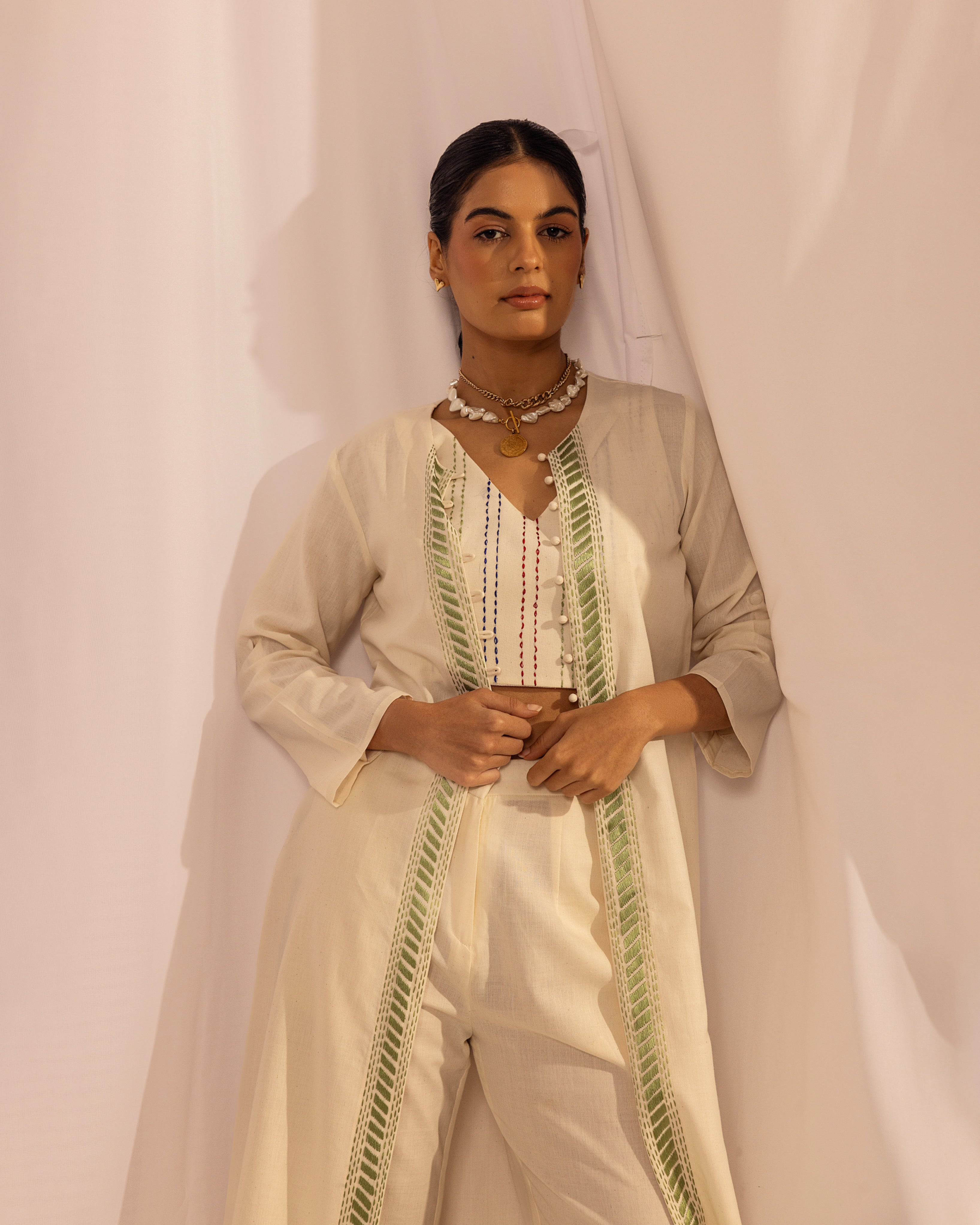 Kantha Jacket Set | Hand-Embroidered Long Jacket, Crop Top & Wide-Leg Trousers The House Of Ara
