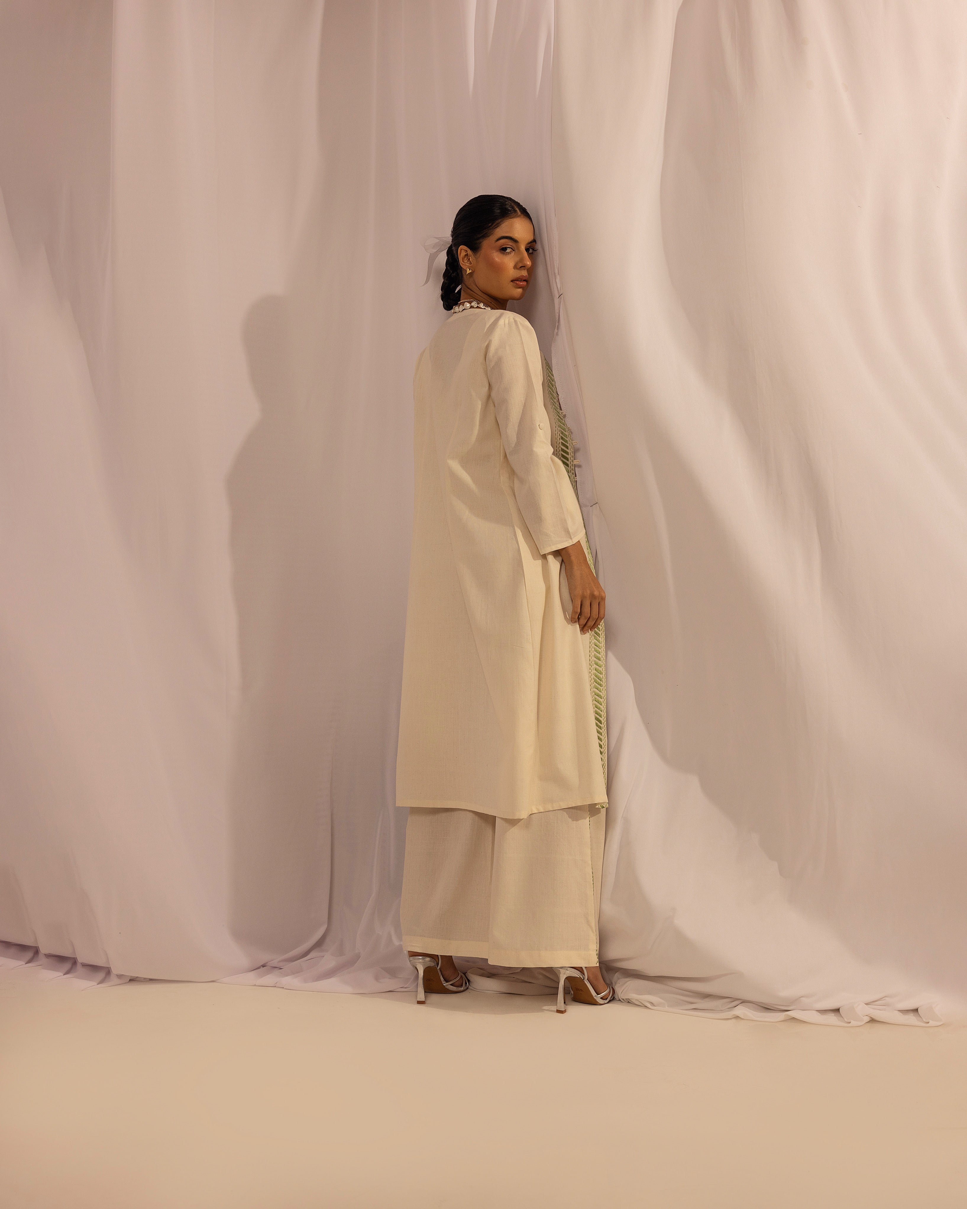 Kantha Jacket Set | Hand-Embroidered Long Jacket, Crop Top & Wide-Leg Trousers The House Of Ara