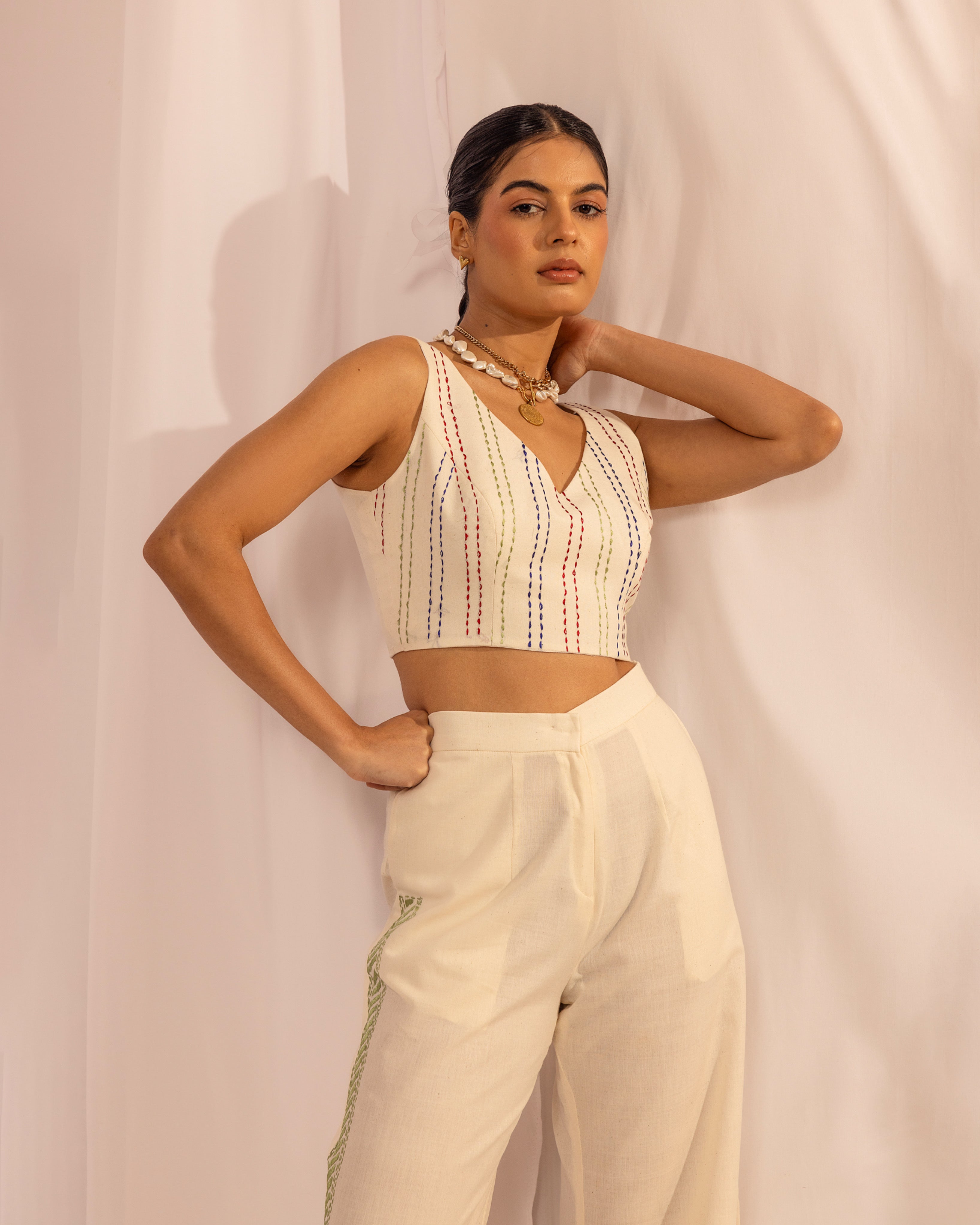 Kantha Jacket Set | Hand-Embroidered Long Jacket, Crop Top & Wide-Leg Trousers The House Of Ara