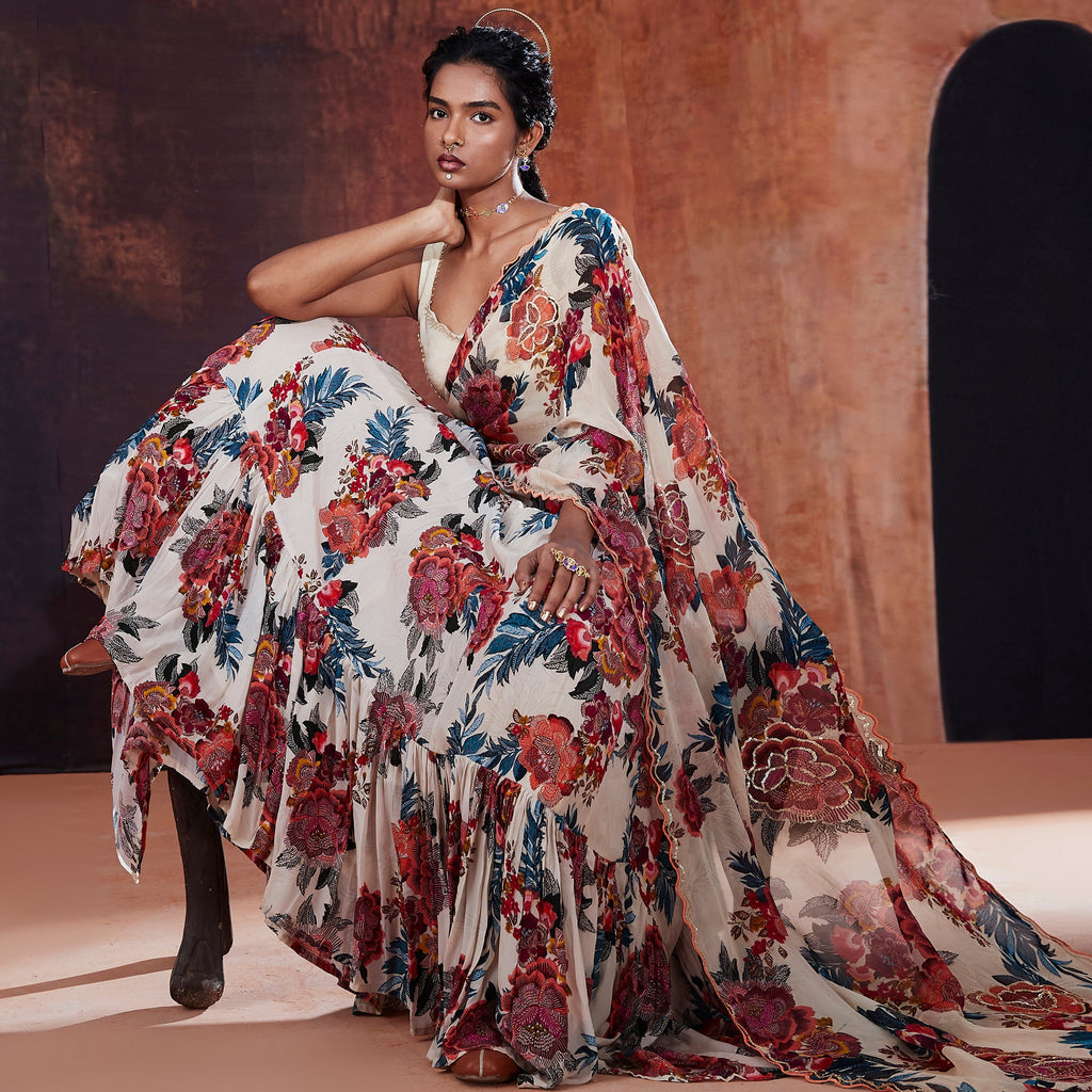 Ivory Floral Printed Lehenga Saree | Stunning Indian Wedding & Occasion Wear 