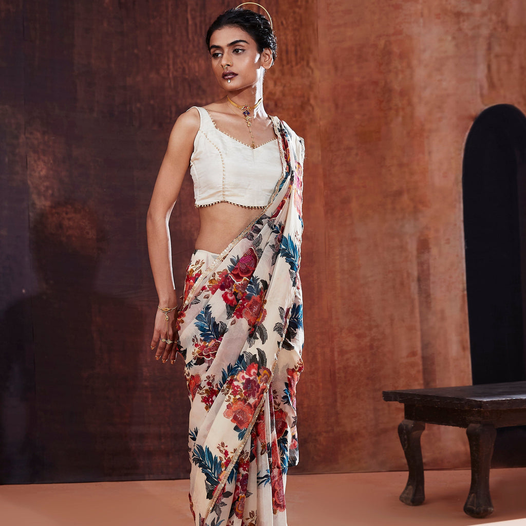 Ivory Floral Printed Organza Saree | Elegant Indian Wedding & Occasion Wear 