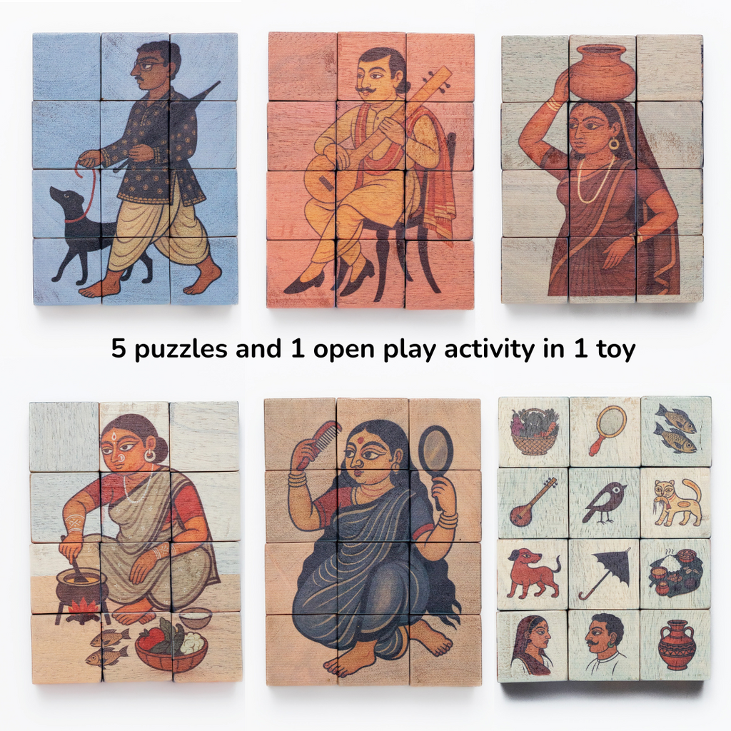 Kalighat Heritage Folk Puzzles | Set of 6 India-Inspired Block Puzzles | Engaging Toys For Children