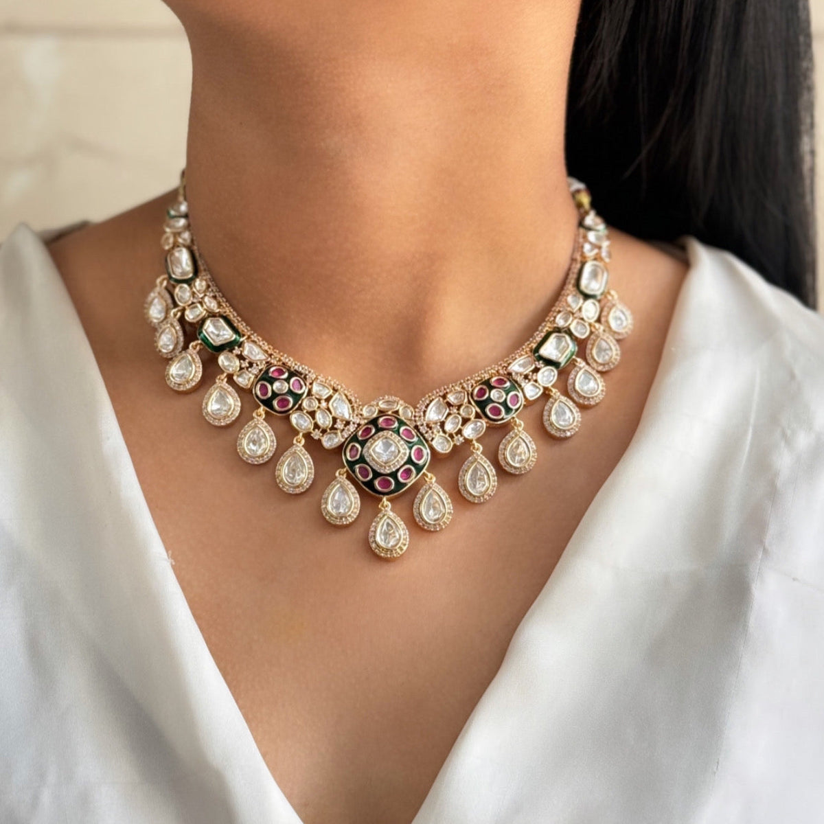 Meena and Kundan Polki Necklace Set With Maangtika | Semi-Precious Kundan & Meenakari Jewellery | Indian Festive, Bridal & Wedding Accessories