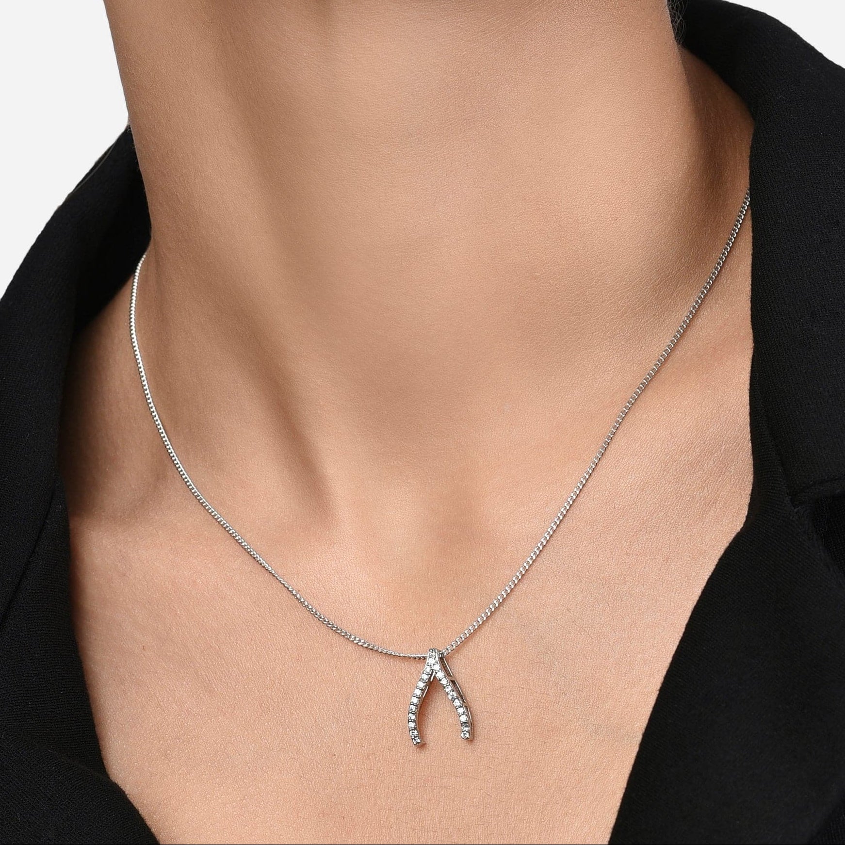 Wishbone Necklace | Dainty Zircon Sterling Silver Pendant Fian