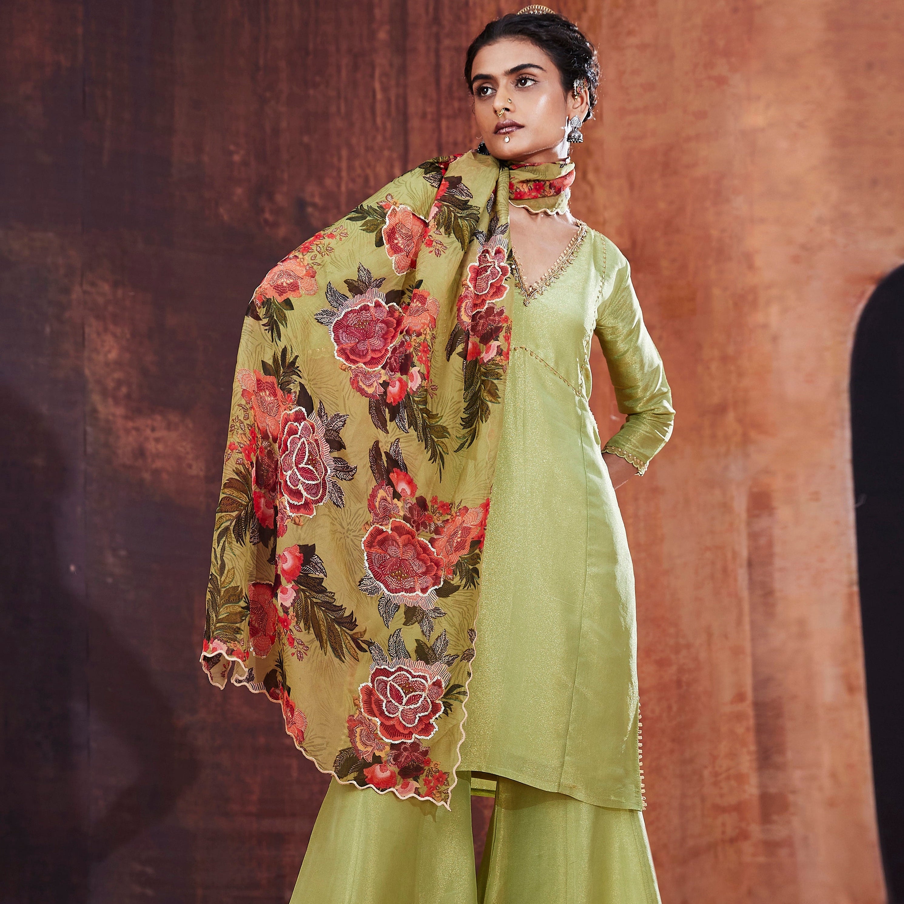Moss Green Tissue Silk Sharara Set | Elegant Indian Occasion Wear 