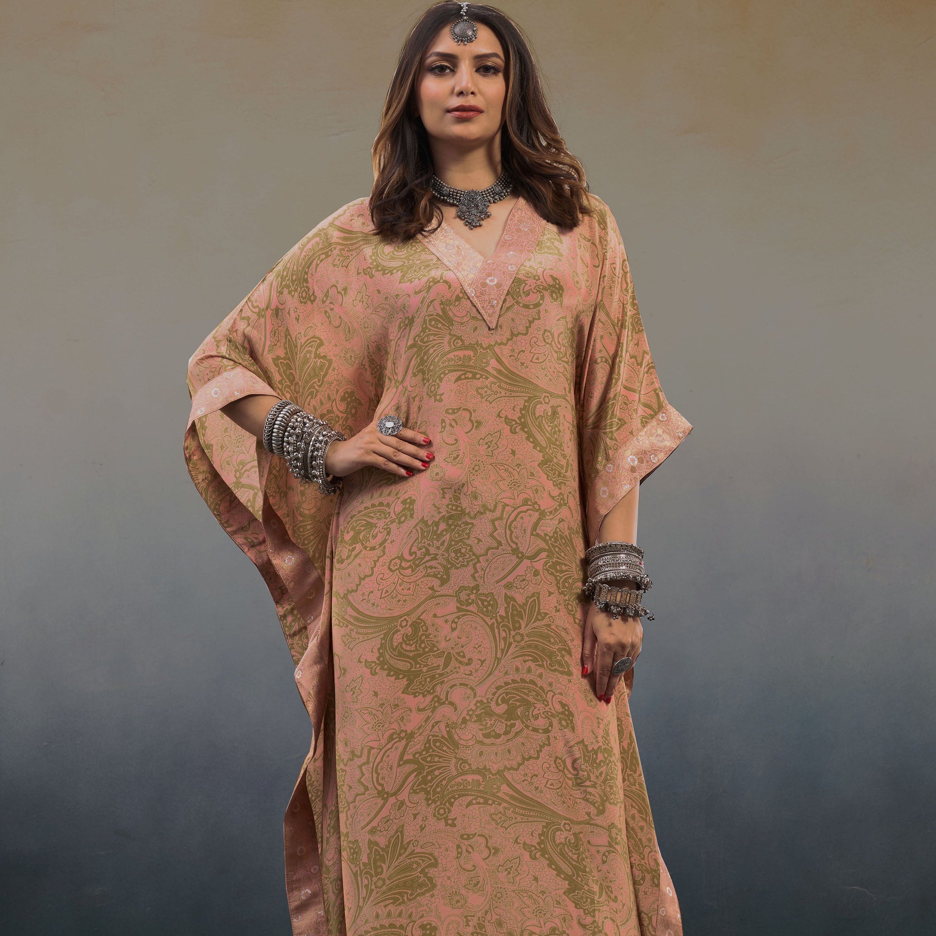 Noor Pastel Pink Printed Kaftan | Designer Indian Occasion Wear