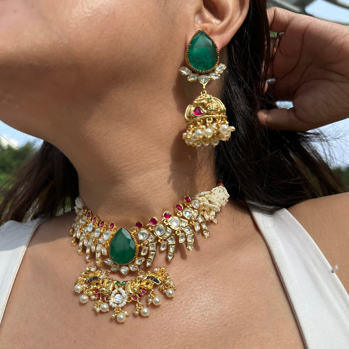 Panna Kundan Abha Necklace & Earring Set | Semi-Precious Kundan & Coloured Stones Jewellery | Indian Festive, Bridal & Wedding Accessories  