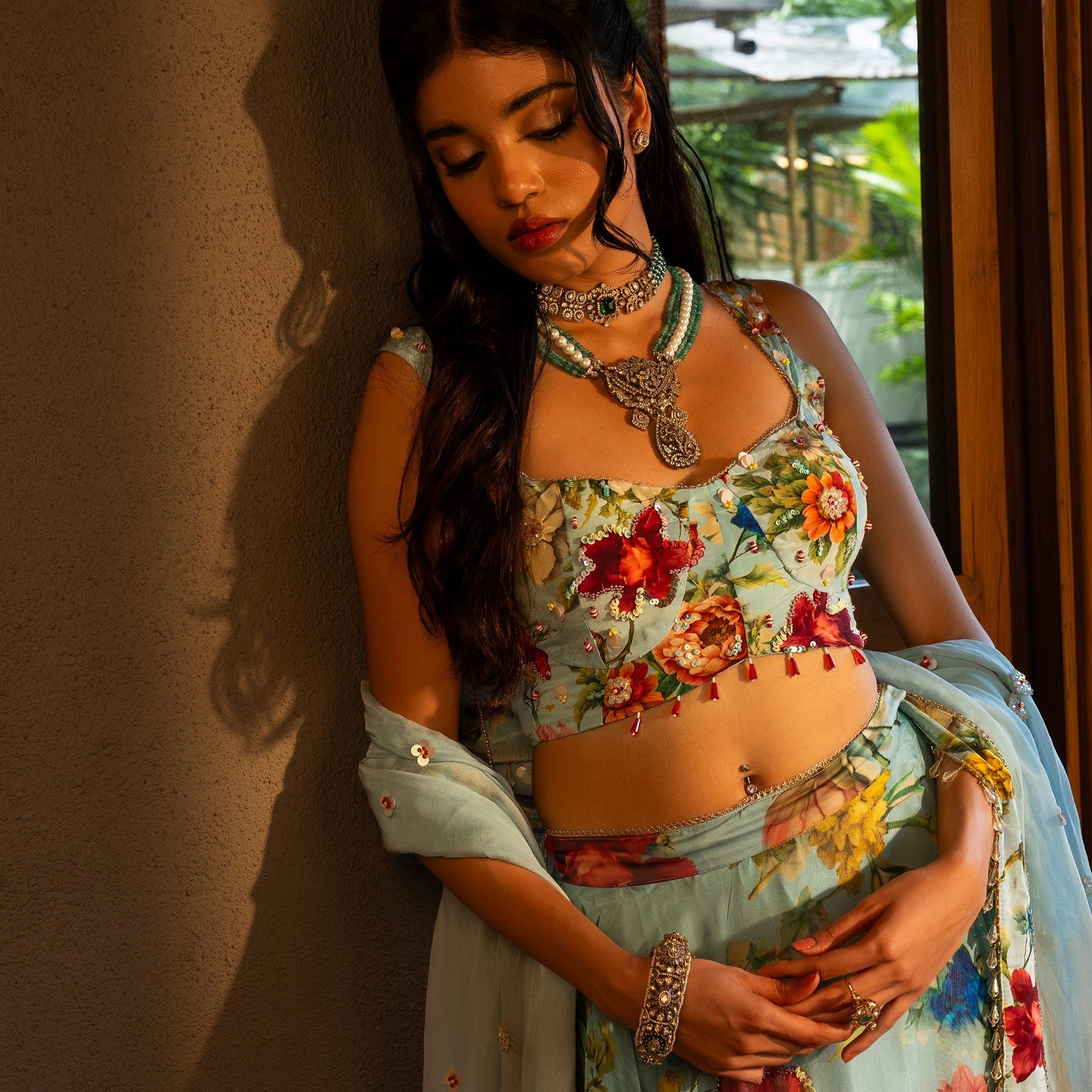 Powder Blue Floral Lehenga Set | Designer Modern Indian Wedding Wear 