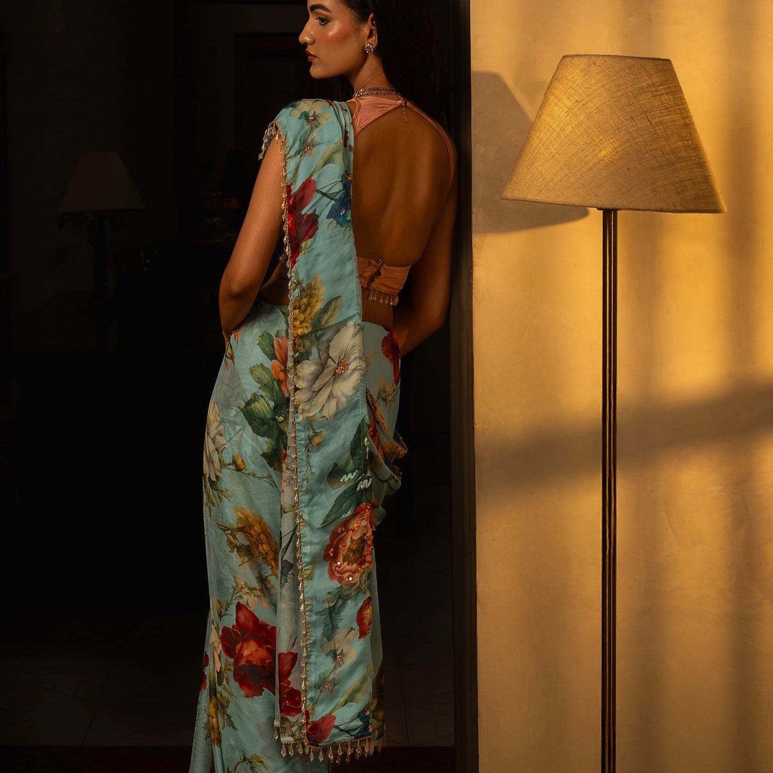 Powder Blue Floral Print Saree | Chic Modern Indian Wedding & Occasion Wear