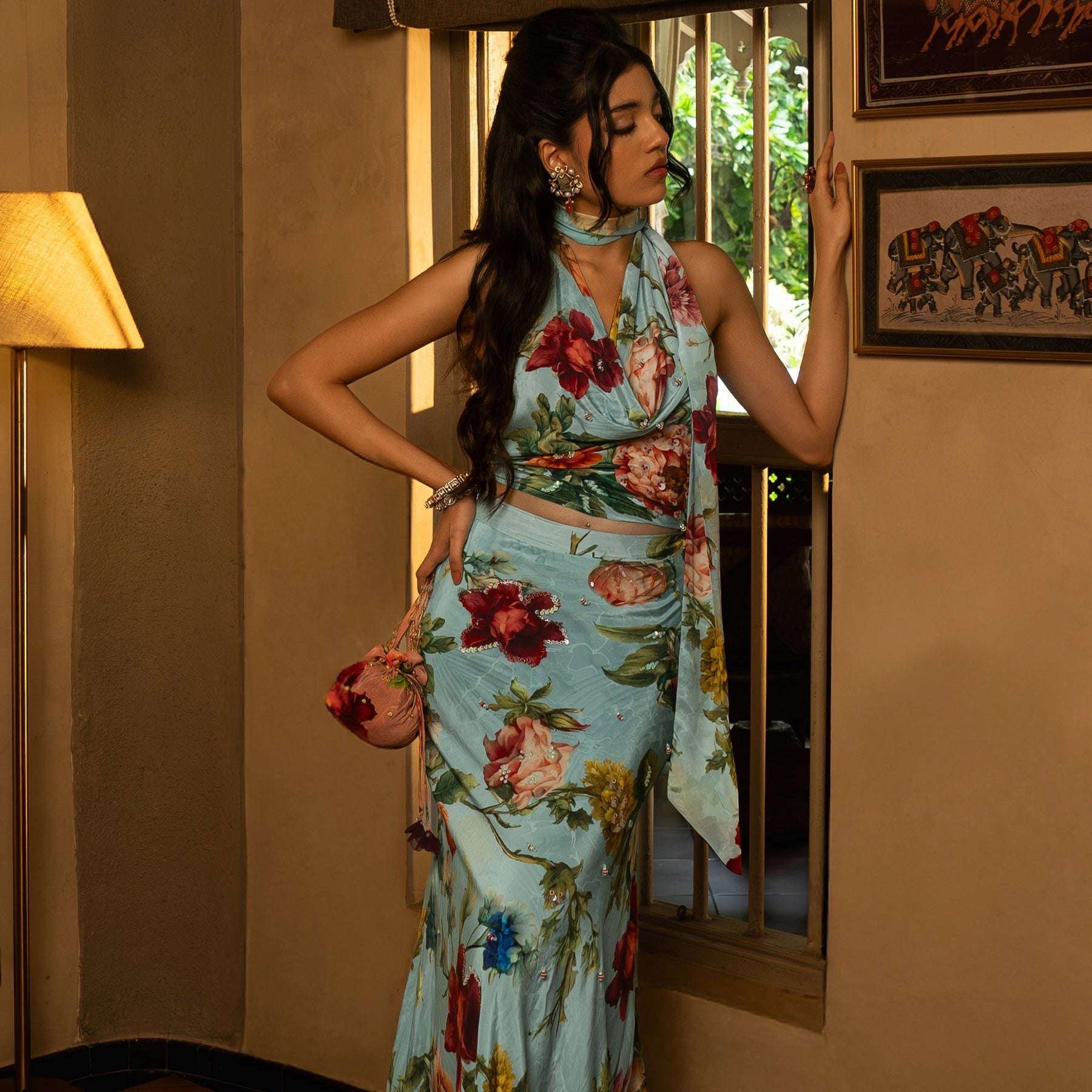 Powder Blue Floral Skirt Set | Stunning Designer Indo-Western Halter Neck Top and Skirt Set 