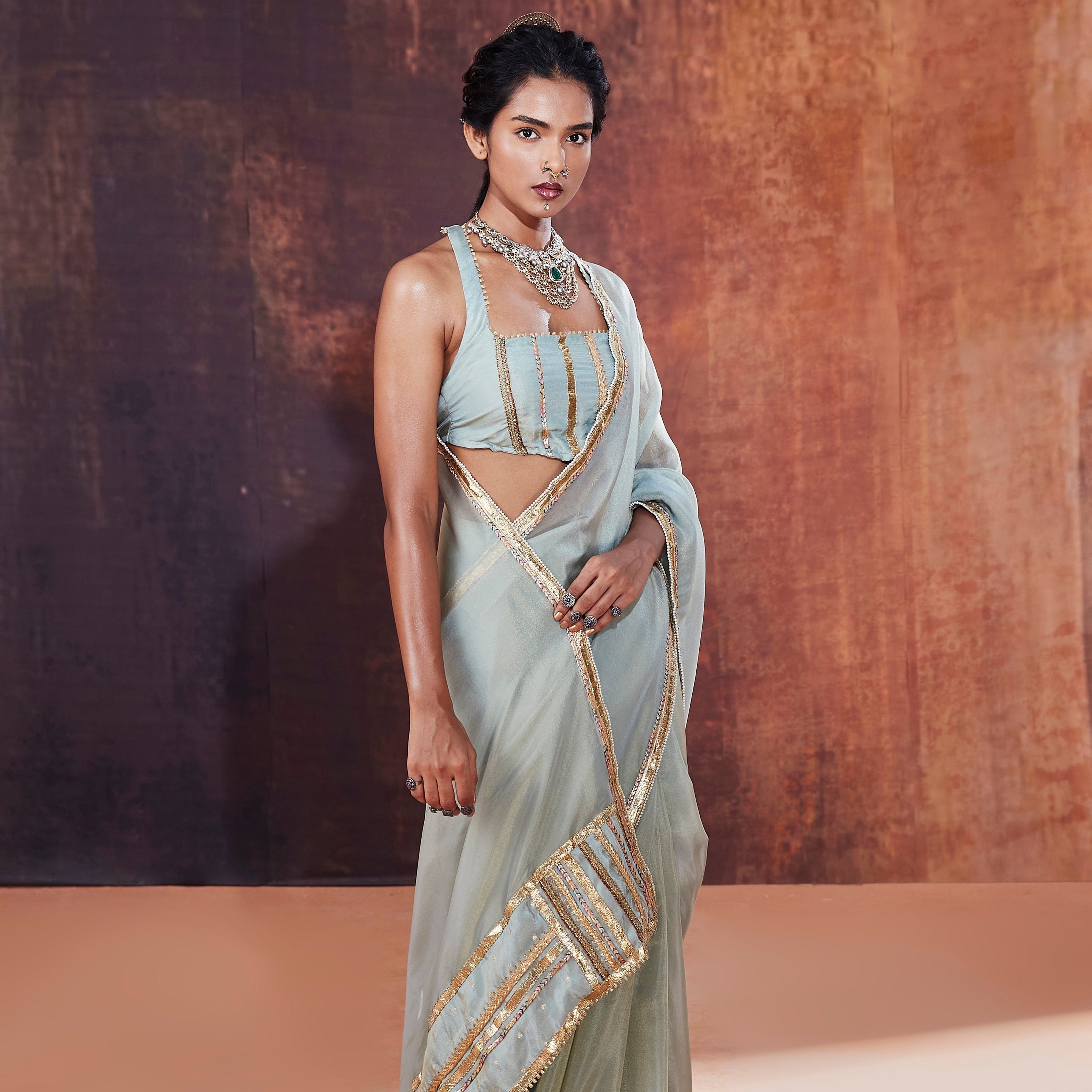 Powder Blue Tissue Saree Set | Luxury Indian Wedding Wear