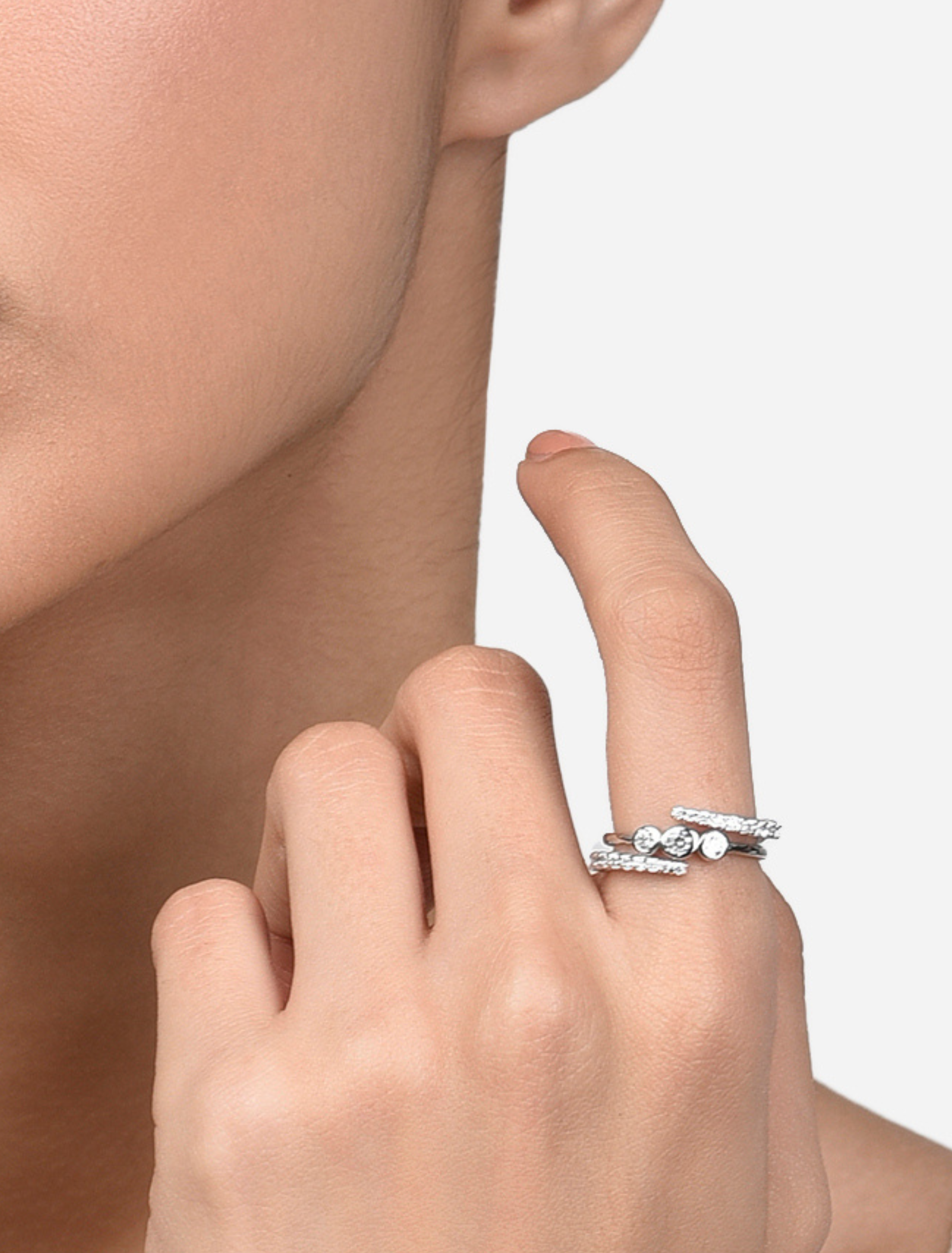 Saturn Ring | Three Solitaire Zircon Sterling Silver Stackable Fian