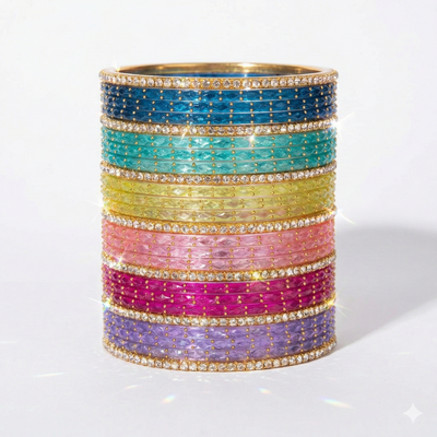 Rainbow Glass Bangles | Set of 25 Raindrop & Rhinestone Bangles | Accessories For Indian Weddings & Occasions