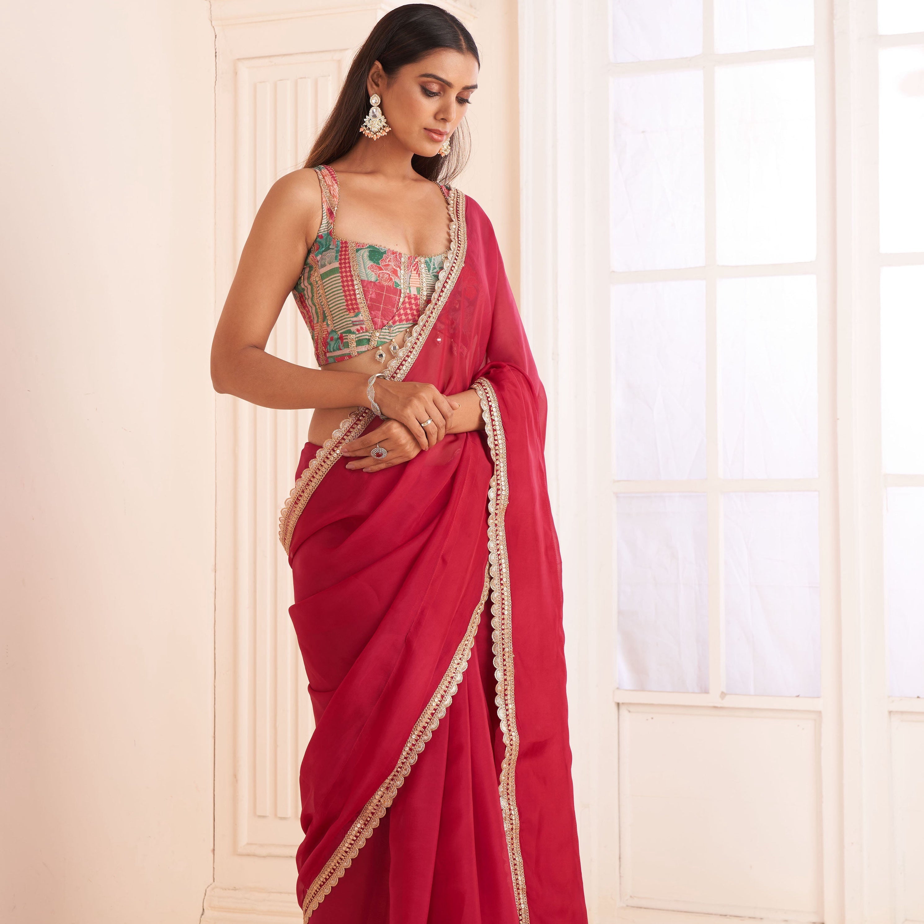 Rose Red Organza Saree With Printed Blouse | Stunning Designer Indian Occasion Wear