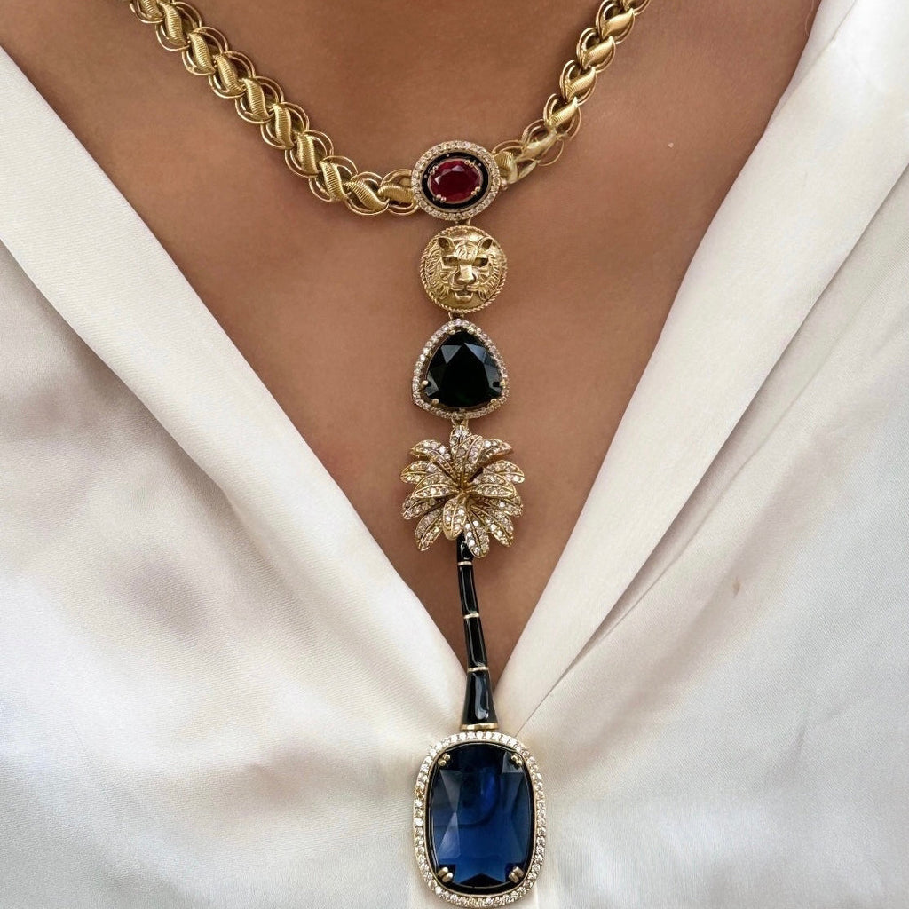 Sabyasachi Inspired-Sapphire Royal Bengal Tiger Necklace Set | Semi-Precious Stones Jewellery | Indian Festive, Bridal & Wedding Accessories