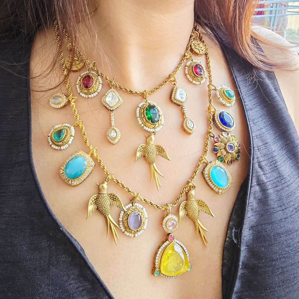Sabyasachi Inspired Double Layer Necklace Set | Semi-Precious Stones Jewellery | Indian Festive, Bridal & Wedding Accessories