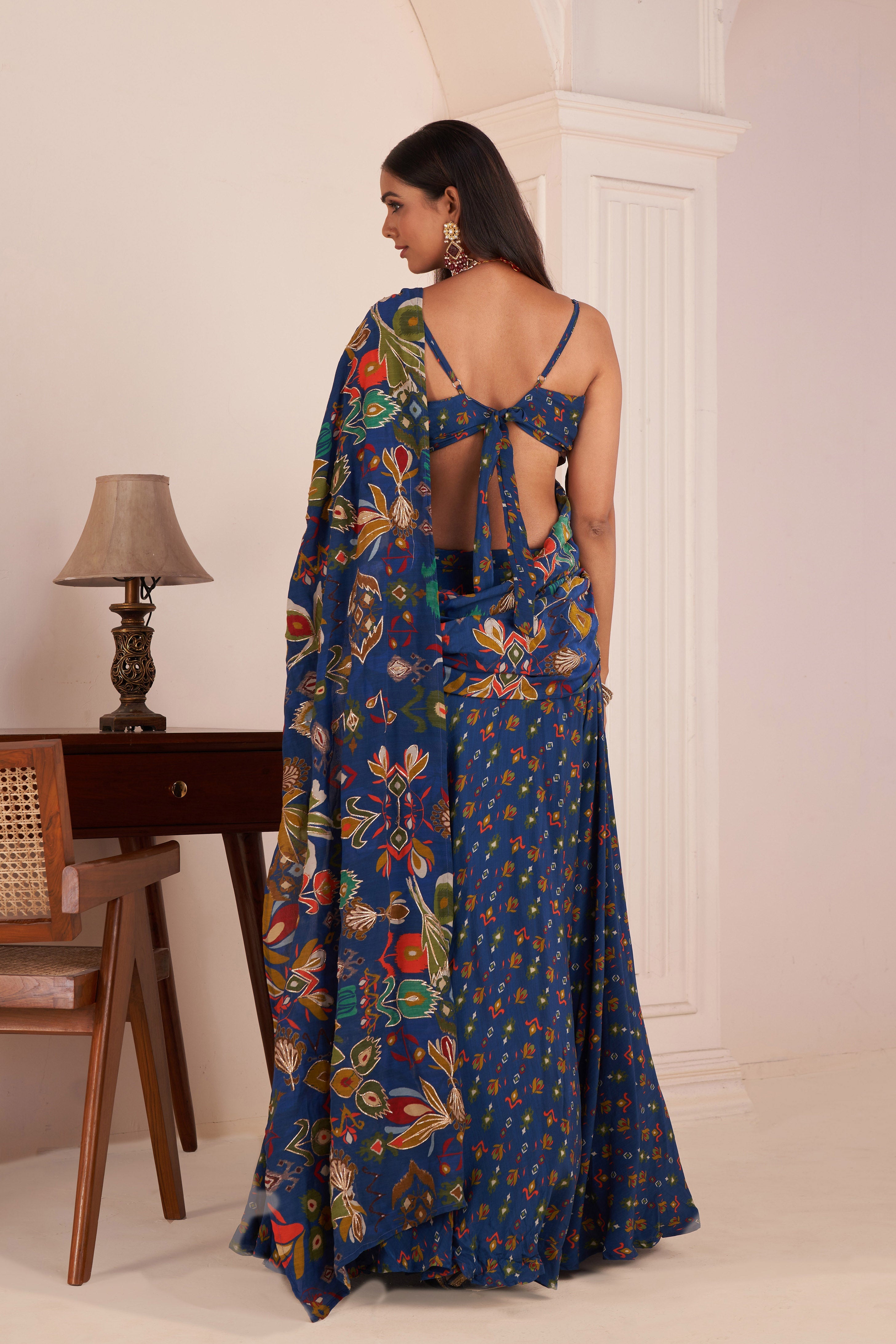 Royal Blue Embroidered & Printed Lehenga Saree Set | Designer Indian Wedding Guest Wear 
