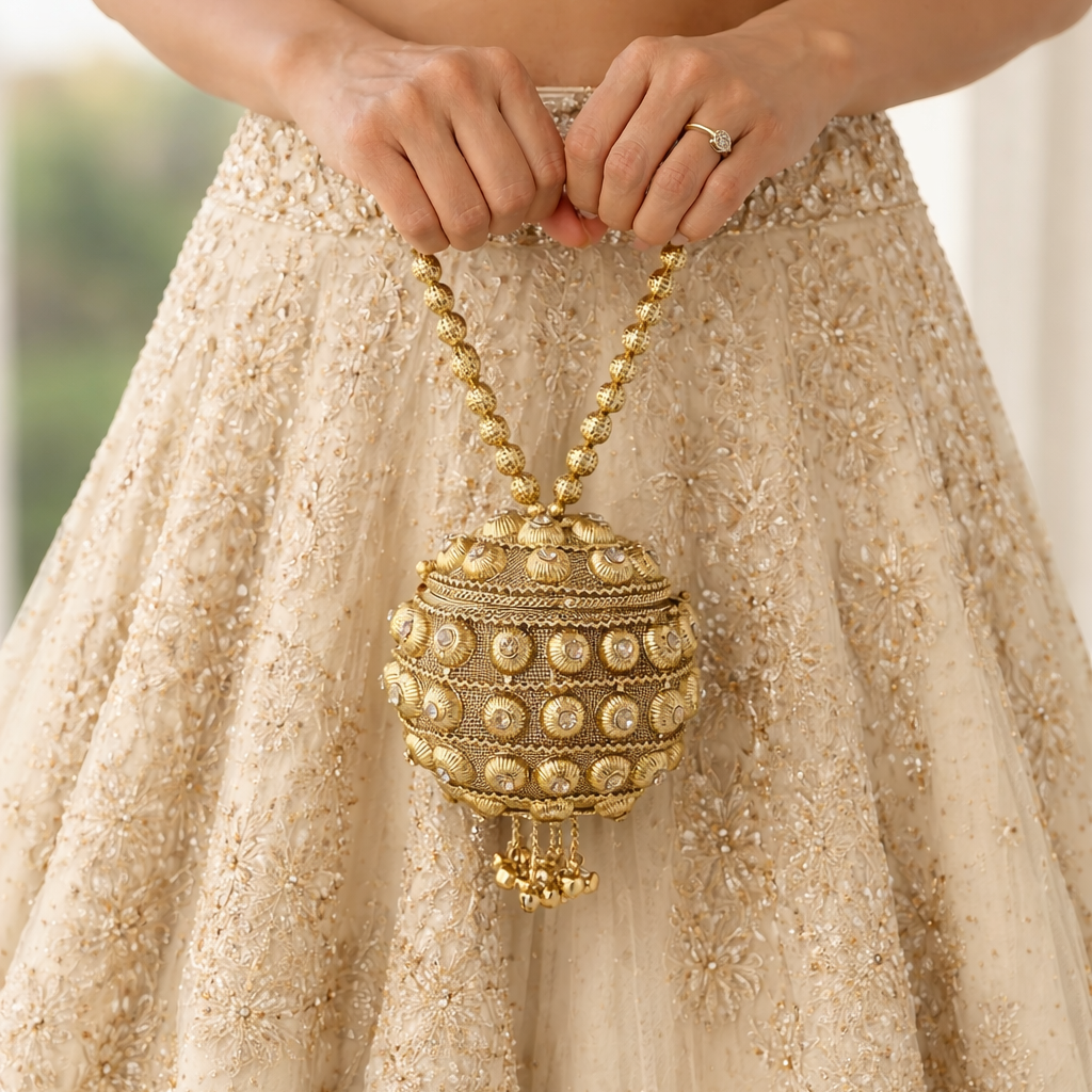 Zari-Encrusted Gold Sphere Potli Clutch | Desi Accessories For Indian Weddings & Festivals