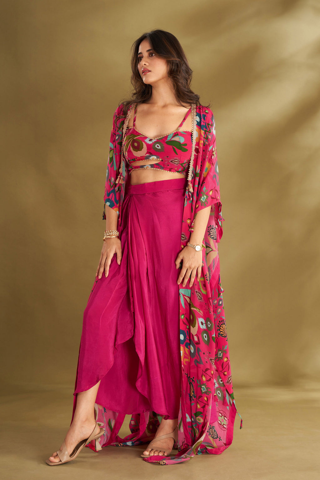 Hot Pink Drape Skirt & Cape Set | Designer Indo-Western Wedding Wear 
