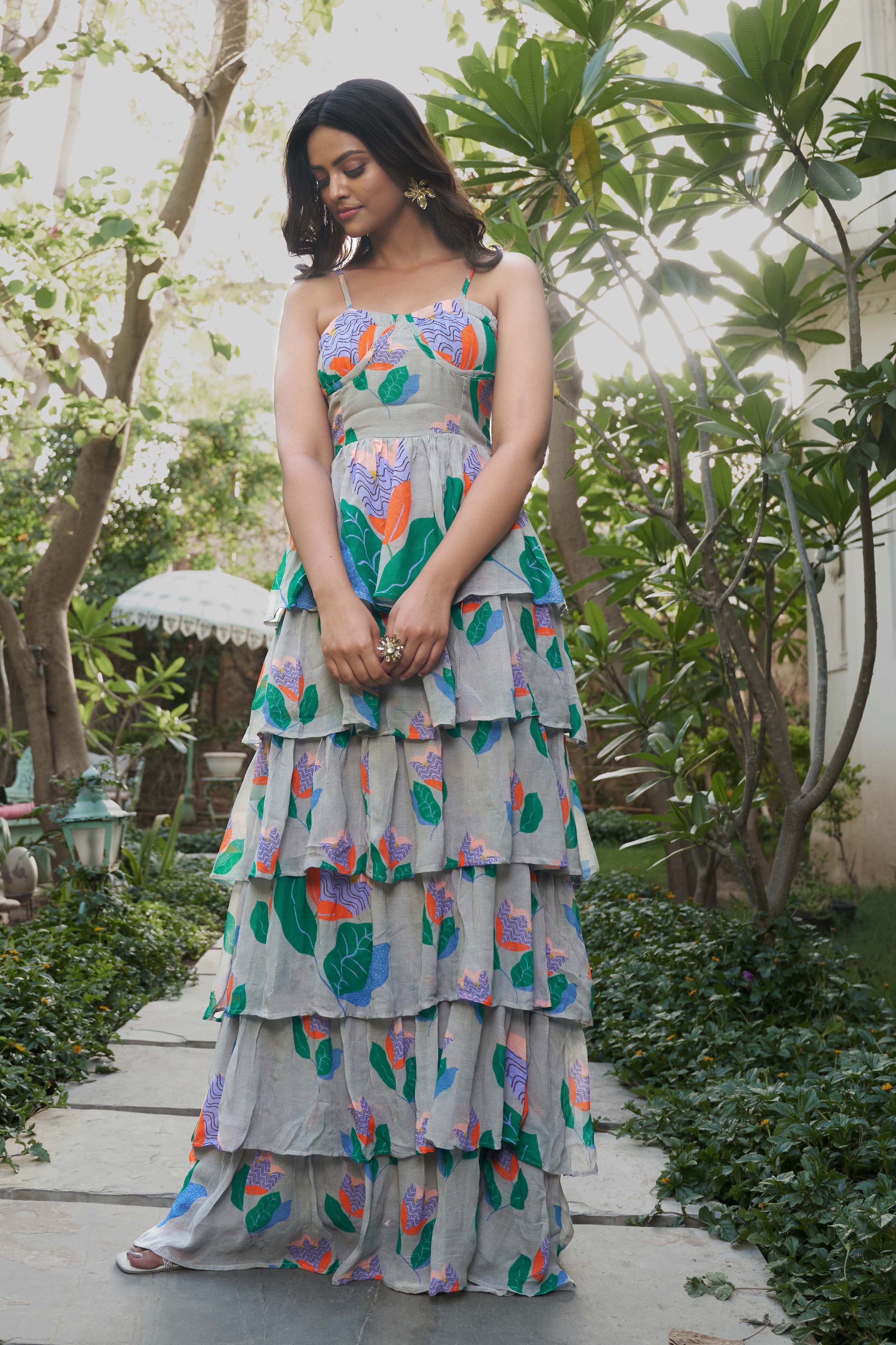 Summer Bloom Frilled Maxi Dress | Elegant Designer Resortwear Dress
