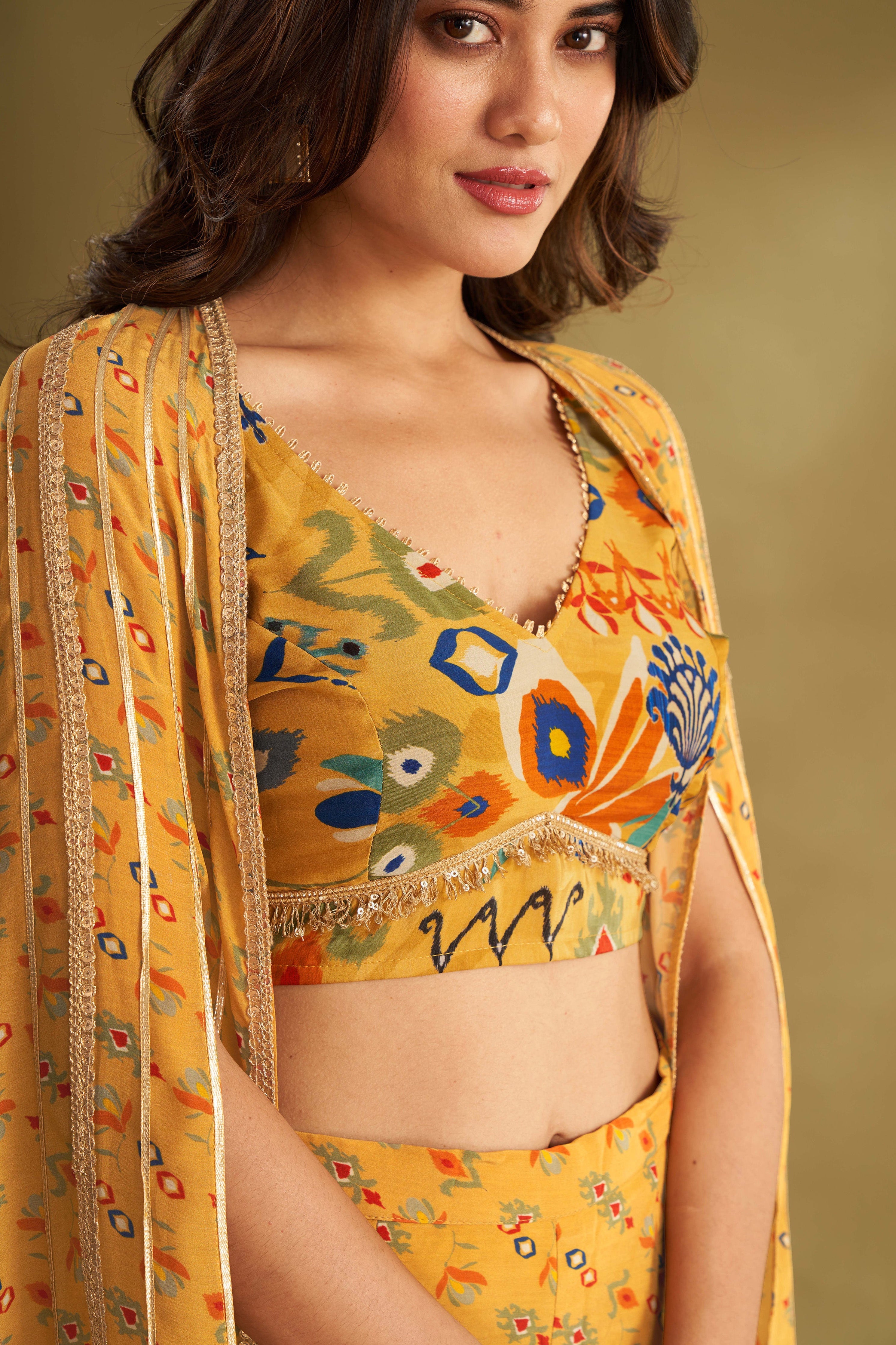 Dandelion Yellow Printed & Embroidered Cape Set | Designer Indo-Western Haldi Outfit 